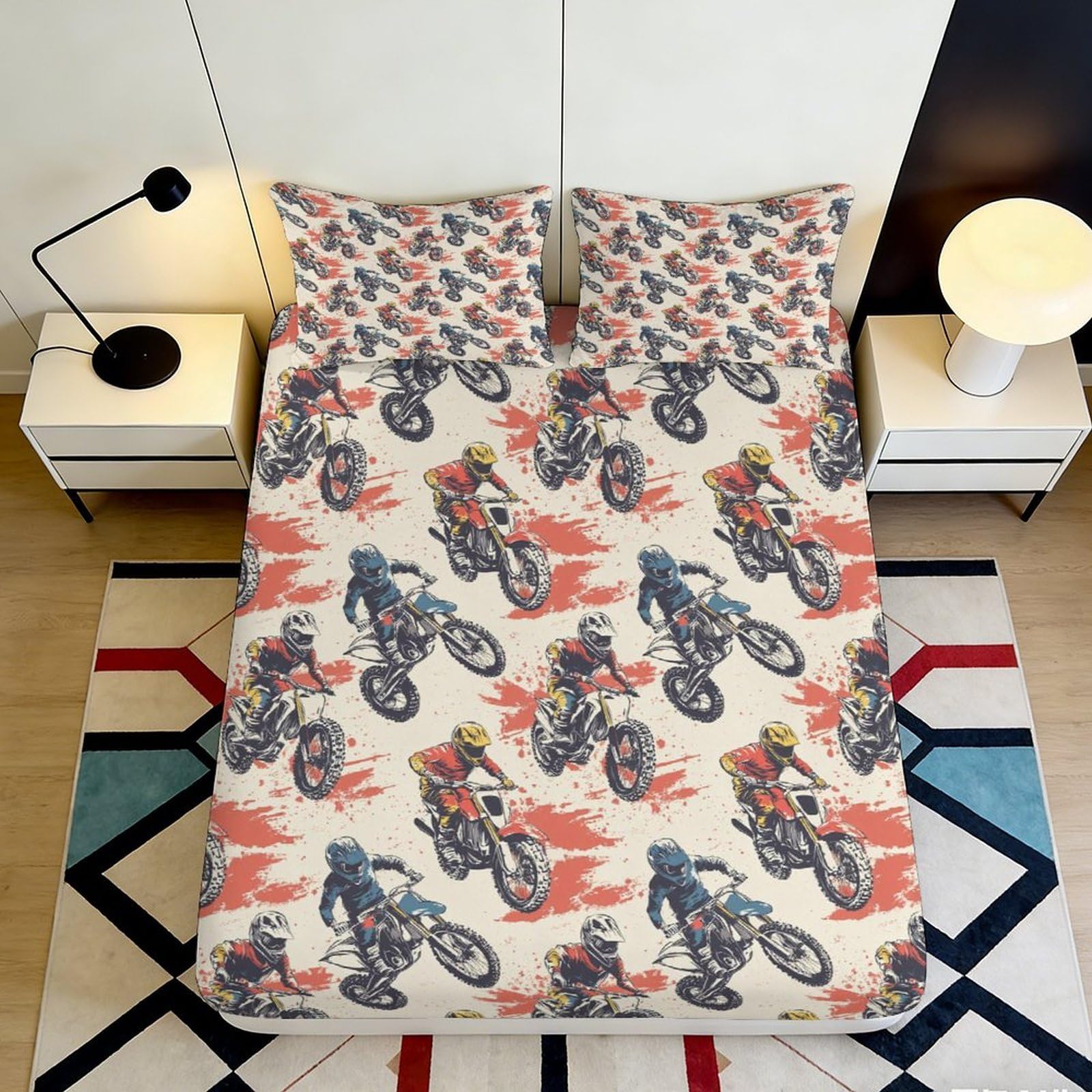 3D Printed Dirt Bike Pattern Fitted Sheet Microfiber Durable Breathable Motocross Mattress Cover for Bedroom Dormitory Guest Room Mattress Protection 180x200x25cm