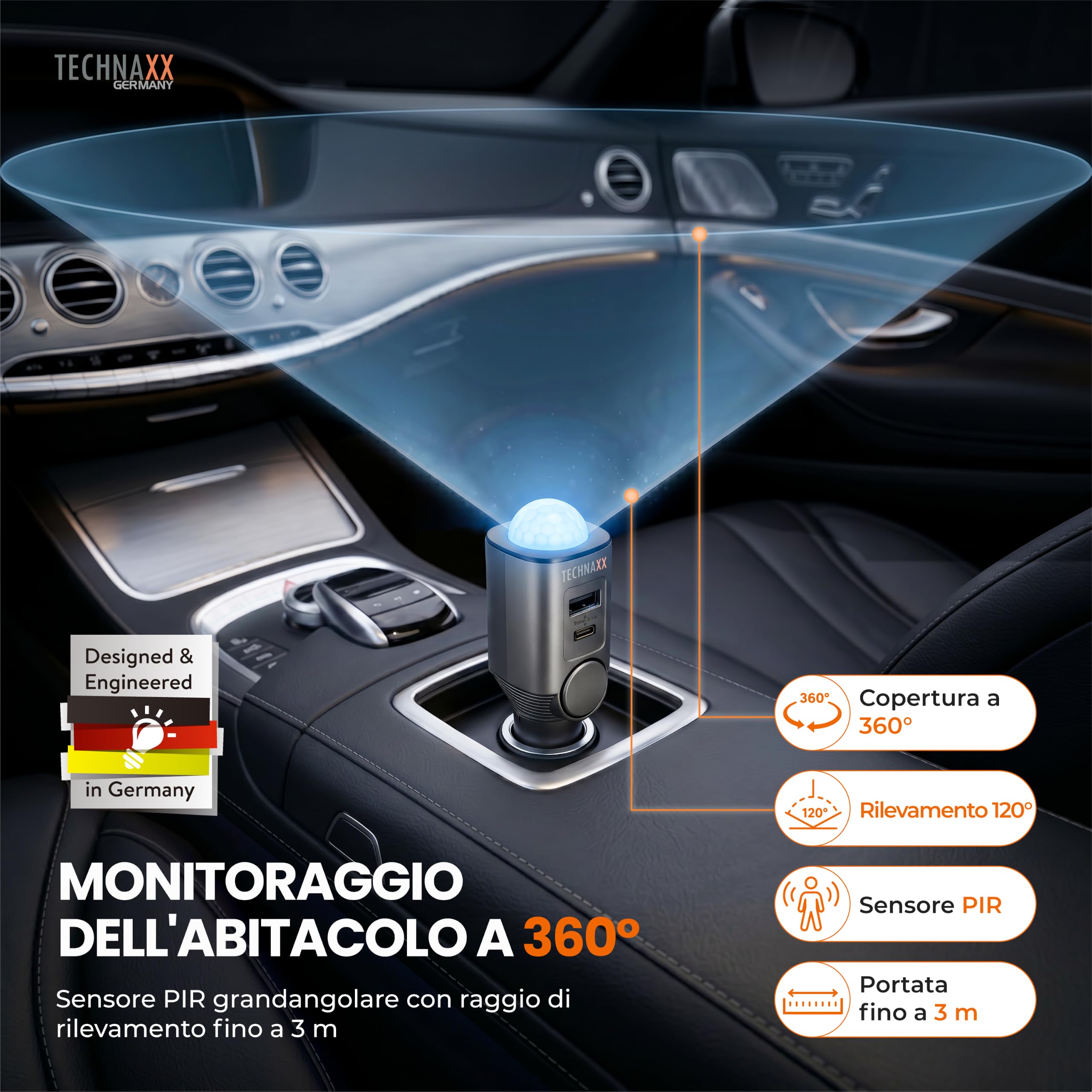 Technaxx Allarme auto con sensore di movimento PIR – Allarme plug-in 12–24V con sirena 110dB, batteria 6 giorni, porte USB-A & USB-C, display LED e telecomando - 2026 Update Model - TX-100