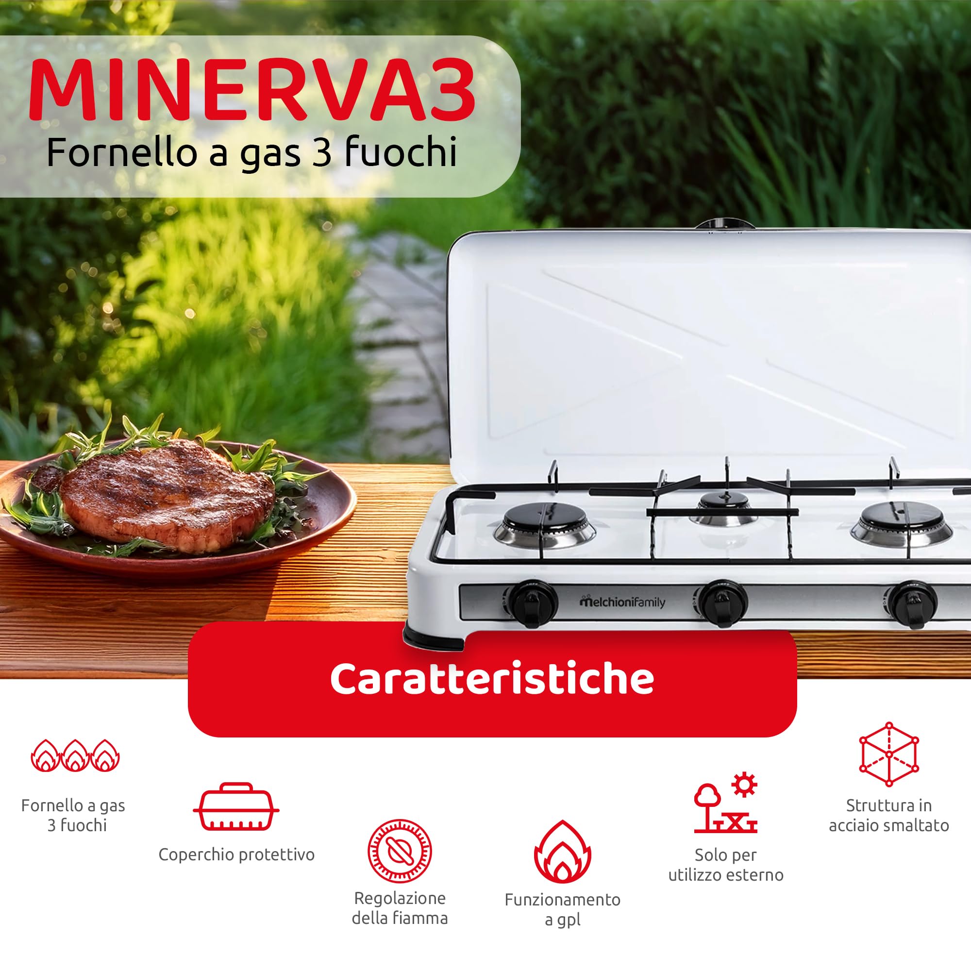 Fornello da Campeggio Melchioni Family, 3 Fuochi Portatile, Regolazione della Fiamma, Utilizzo Esterno, Design Compatto e Pulizia Semplice, 5.66 KW
