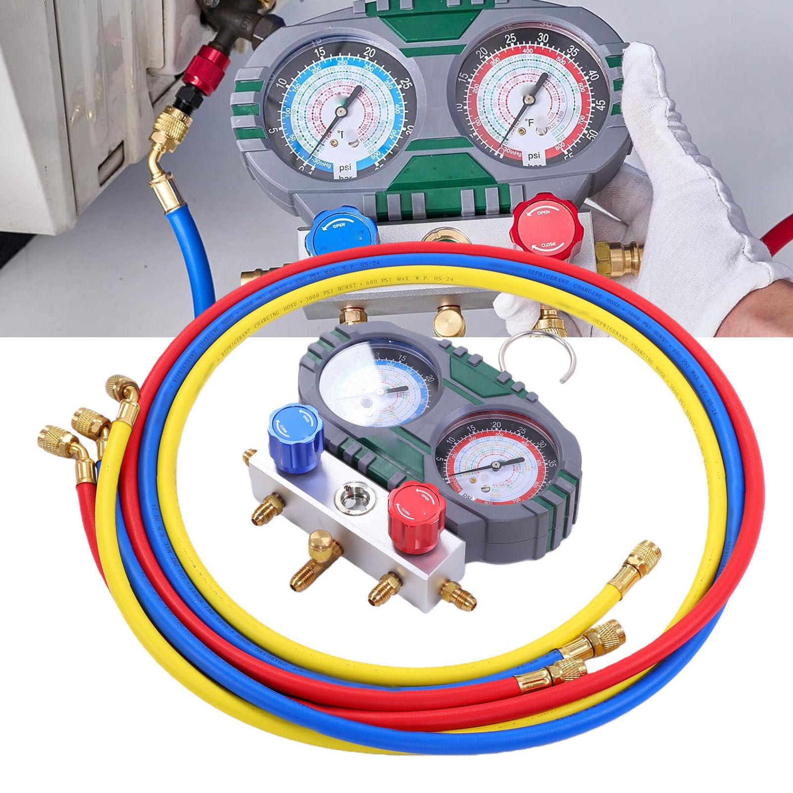 ViaGasaFamido Zestaw Manometrów do Kolektora HVAC ze Wzmocnionym Metalowym Pokrętłem, Odpowiedni do Czynników Chłodzących R22 R134a R410A, Węże o Długości 5 Stóp, 500PSI / 800PSI, 1 Jednostka