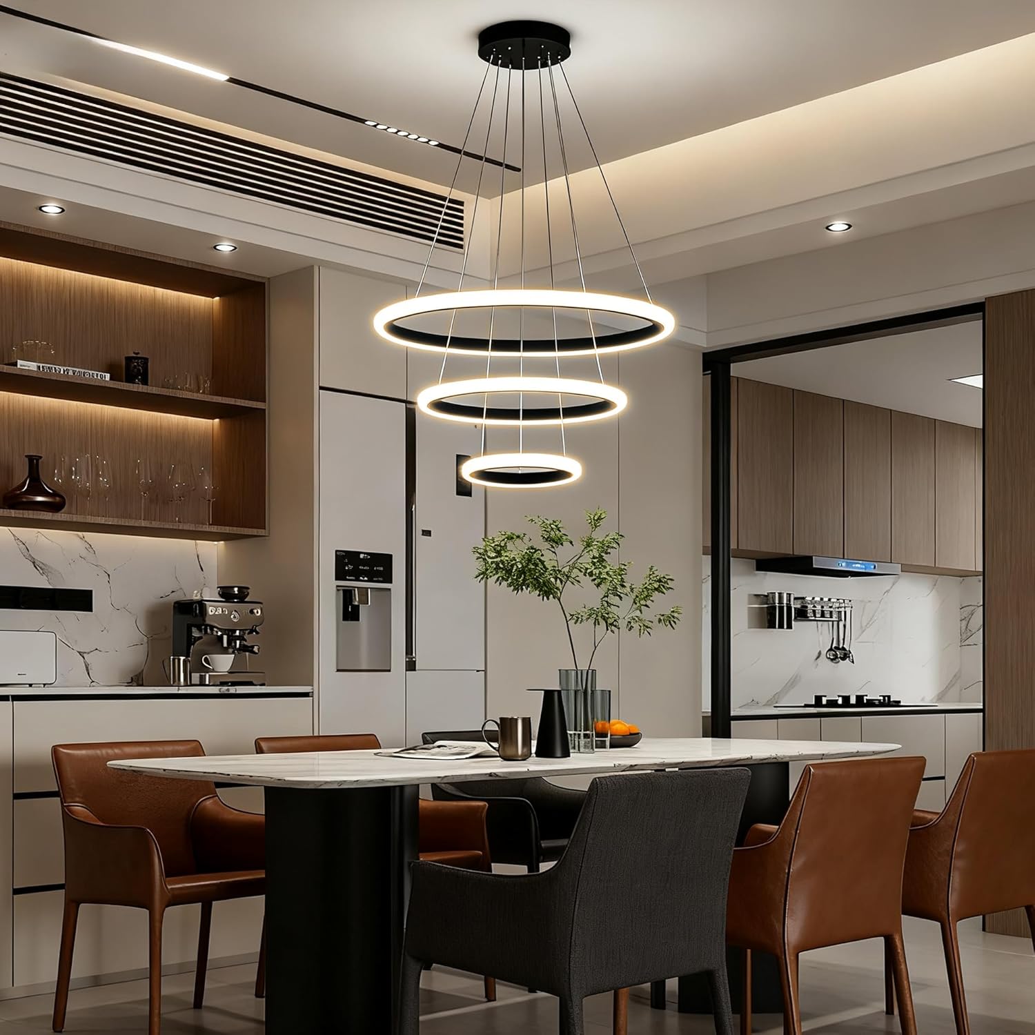 Black 3-Ring LED Pendant Light, Dimmable Modern Chandelier, Adjustable LED Island Lighting for Kitchen Island, Dining Room, Foyer, High Ceiling Spaces