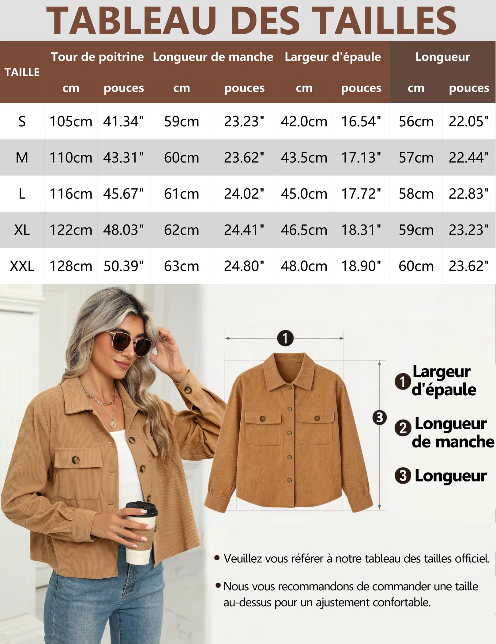 Veste Femme Velours Côtelé Mi-Saison Chemise-Veste Boutonné à Revers Manches Longues Blouson Court Poches Automne Printemps Surchemise Chic Décontractée Coupe Légère Confortable Quotidien