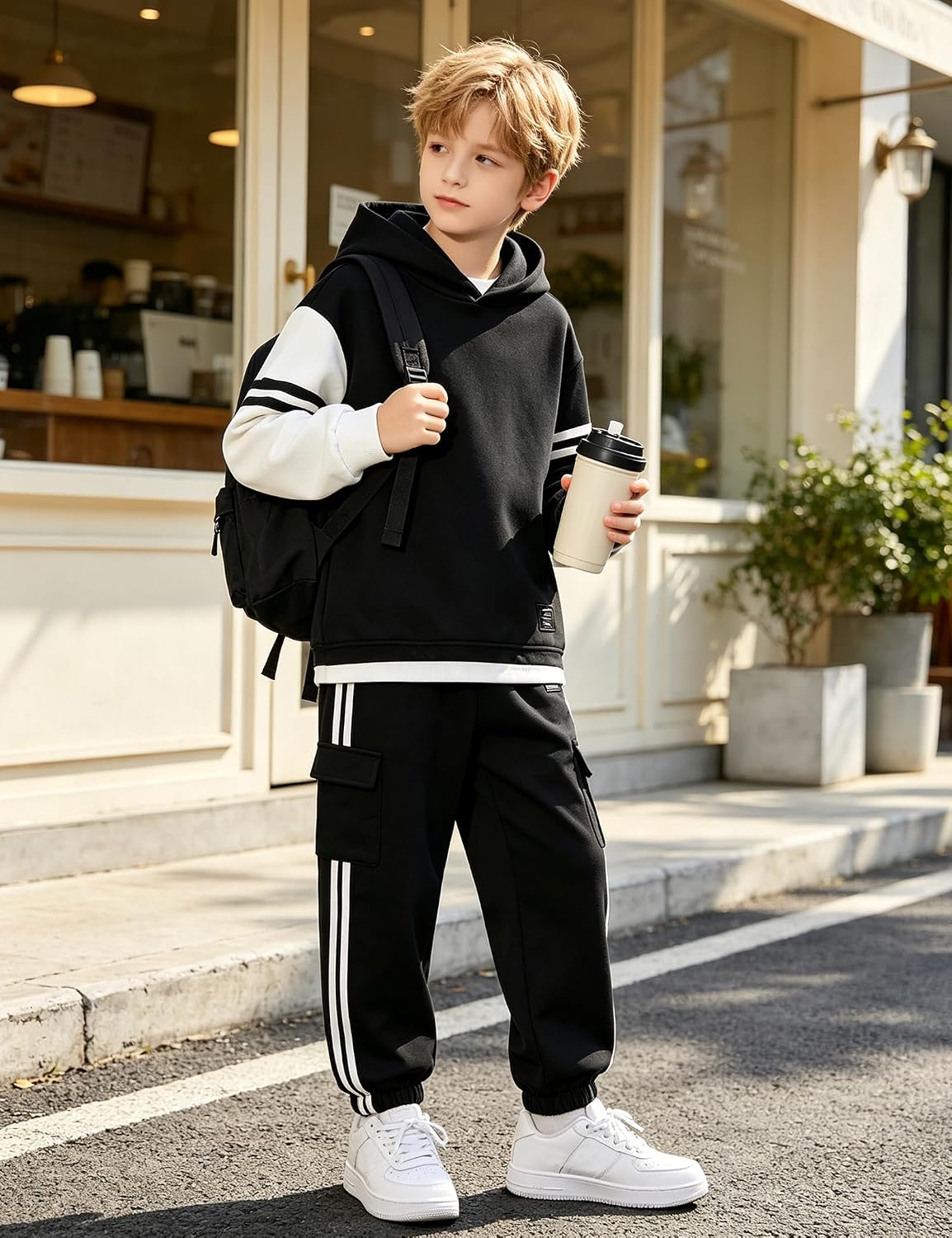 Boys Clothes Casual Hooded Sweatsuit 2 Piece Striped Sweatshirt and Jogging Pants with Pockets Outfit for Boys 7-16