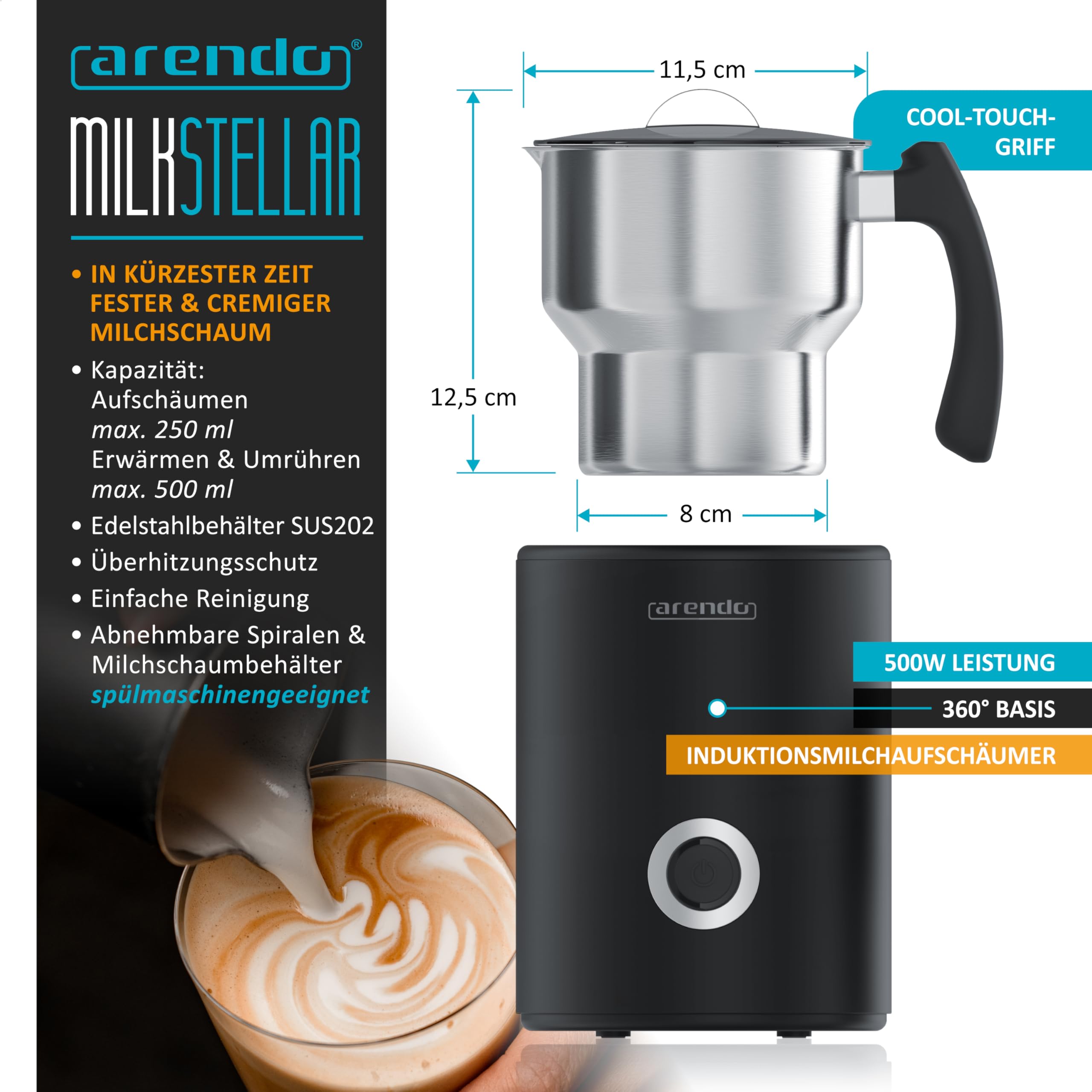 Arendo - Milchaufschäumer Induktion - elektrisch 500 W – 3 Programme – heiß und kalt aufschäumen – 250 ml Aufschäumen – 500 ml Erhitzen – Antihaftbeschichtung – Cappucino/Latte Macciato