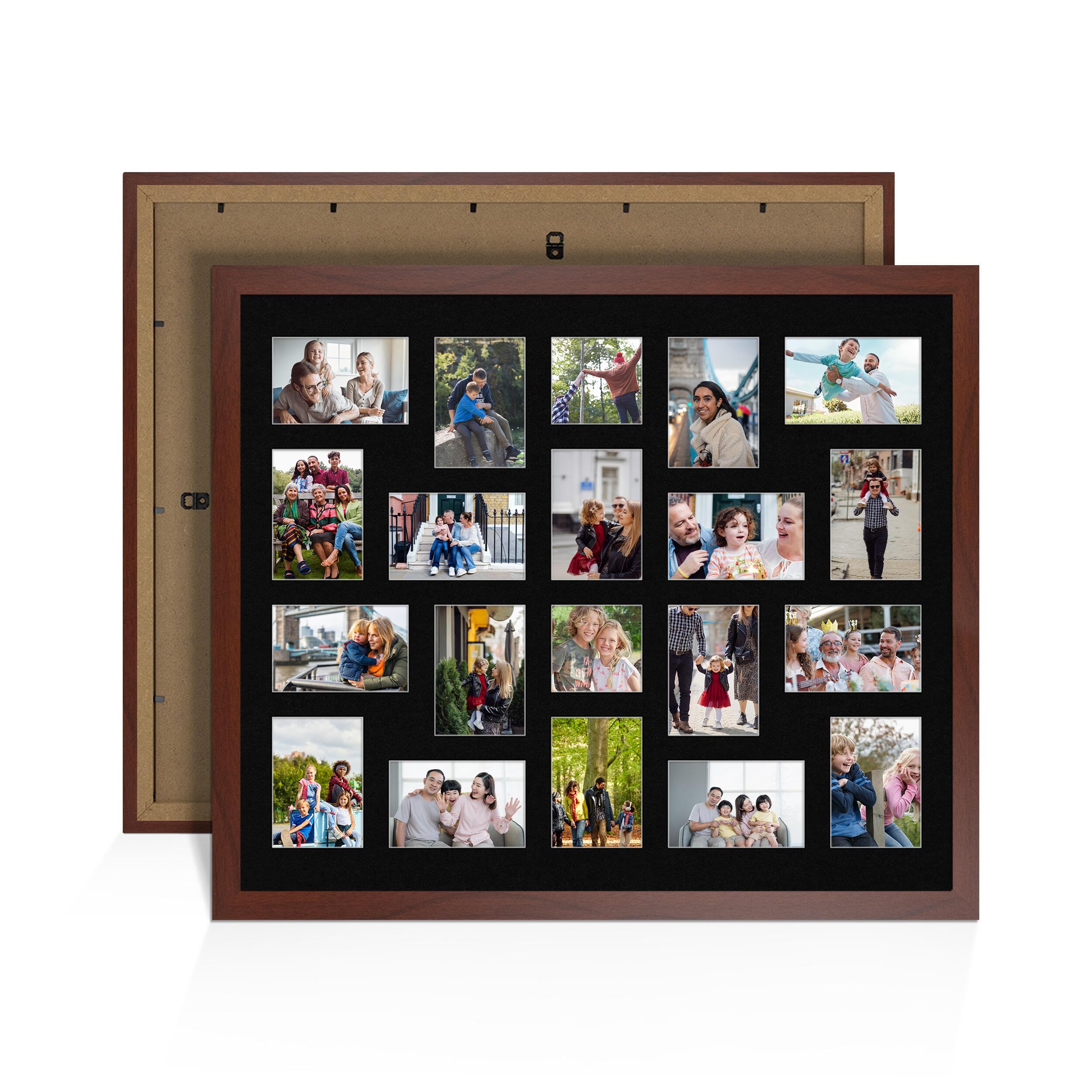 Alison Kingsgate Rose Wood 80x70cm Photo frames for multiple pictures - 20 Apertures Collage Frame with Black Mount- Holds (18x) 6x4 & (2x) 4x4 Photos - Engineered Wood & Perspex
