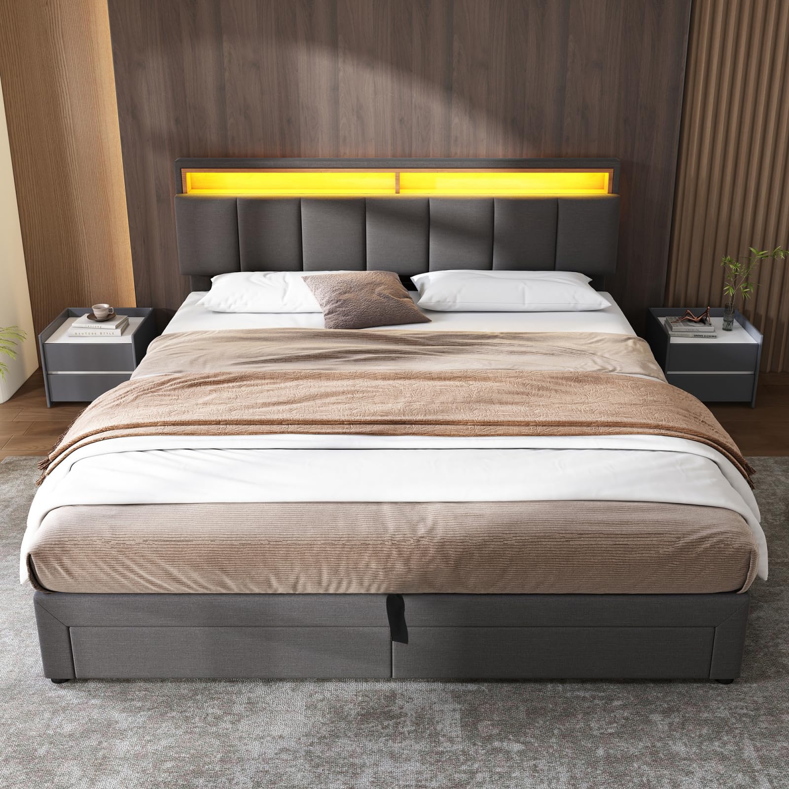 Letto con stoccaggio idraulico 160x200,Letto matrimoniale rivestito con LED,Letti imbottiti con 2 cassetti, letto funzionale giovanile,letti matrimoniali (grigio+lino-A)