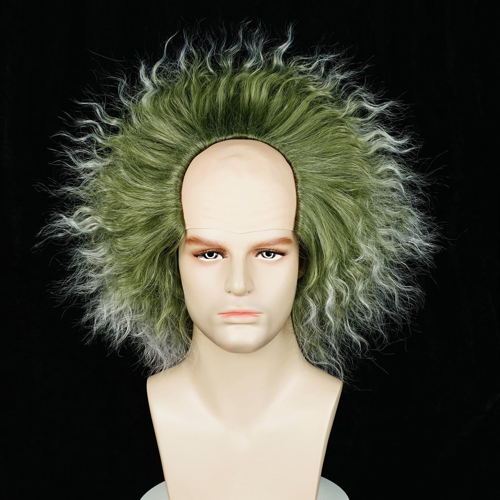 Aicos Dark Green Mix White Wig Short Afro Wild Fun Wig Fluffy Wavy Clown Bald Headpiece Cosplay Wigs Gothic Halloween Costume Accessories Women Men