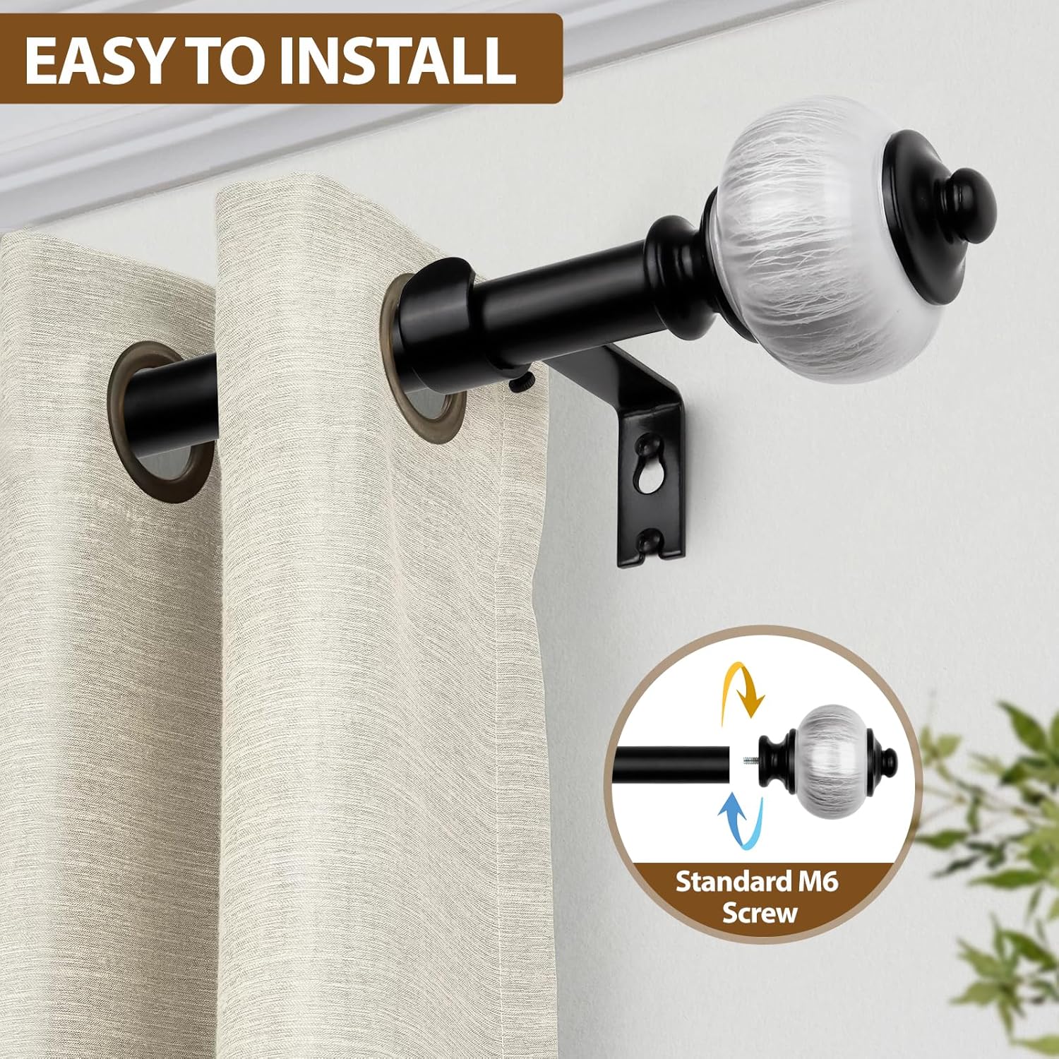 Long Curtain Rod 103–195 Inches – Heavy Duty 1 Inch Adjustable Black Rod with White Marble Finials for Large Windows & Sliding Doors. Iron Home™ Luxury Curtain Rod with White Marble Ends.