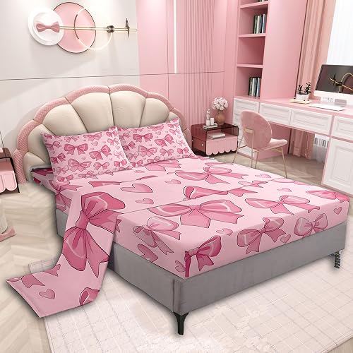 jejeloiu Pink Bow Bed Sheets Set Queen Size Kids