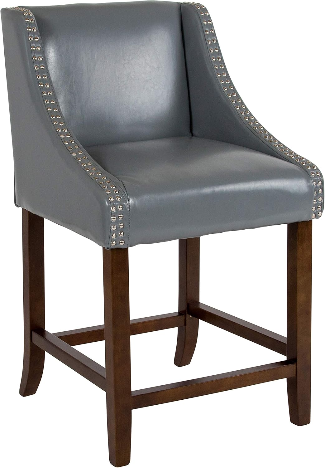 EMMA + OLIVER 24" High Walnut Counter Height Stool-Light Gray LeatherSoft Accent Nail Trim