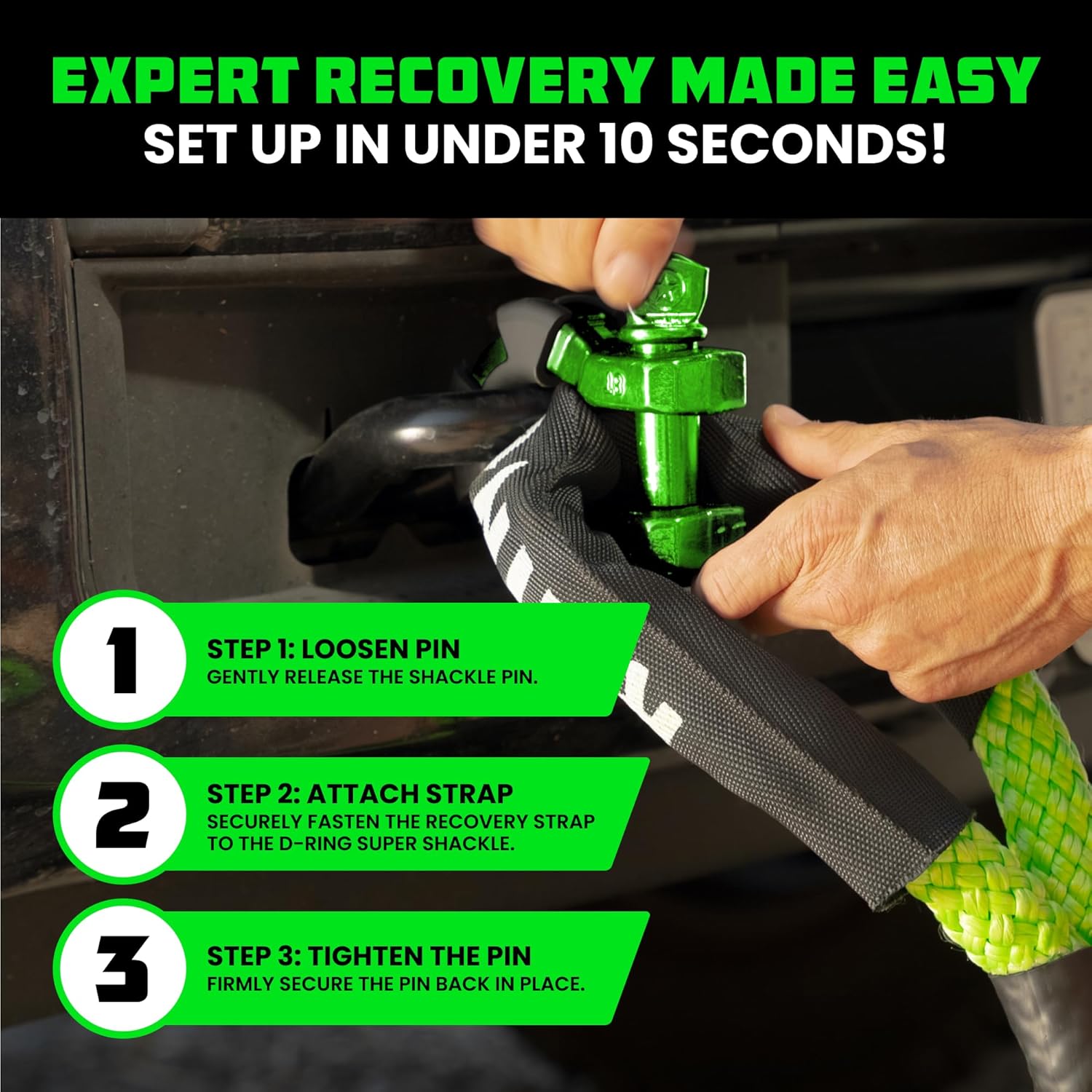 Rhino USA Super D Ring Shackles (2-Pack) - 70,548lb Break Strength – Heavy Duty 3/4" Clevis Shackle with 7/8 Pin for Towing & Off-Road Use - Pairs with Tow Strap for Vehicle Recovery (Green) - Image 6