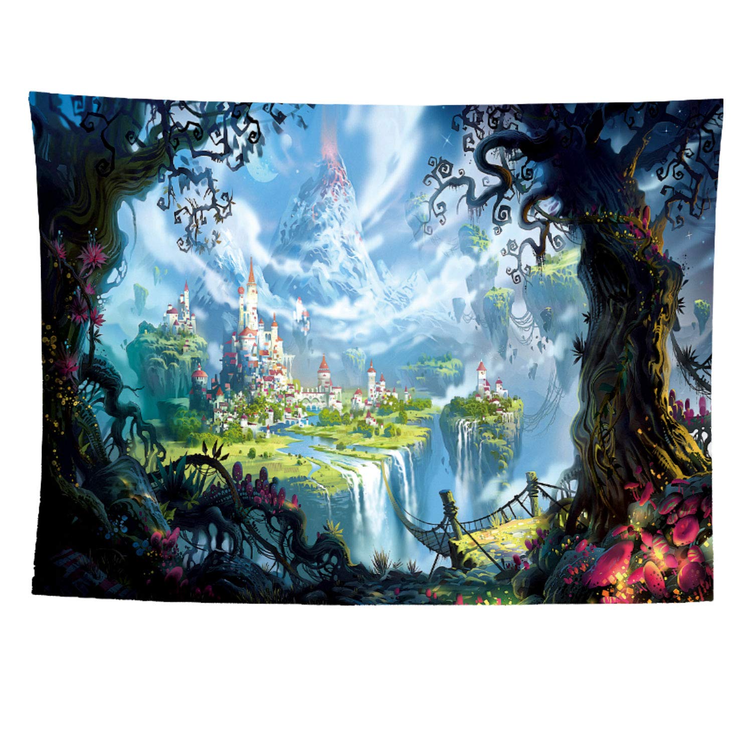 Fantasy World Tapestry Phycadelic Scenery Cartoon Castle Tapestry Wall Hanging, Green Magic Forest Tapestries Mushroom Mythical Tapestry Wall Art for Home Room Dorm, 80''X60''