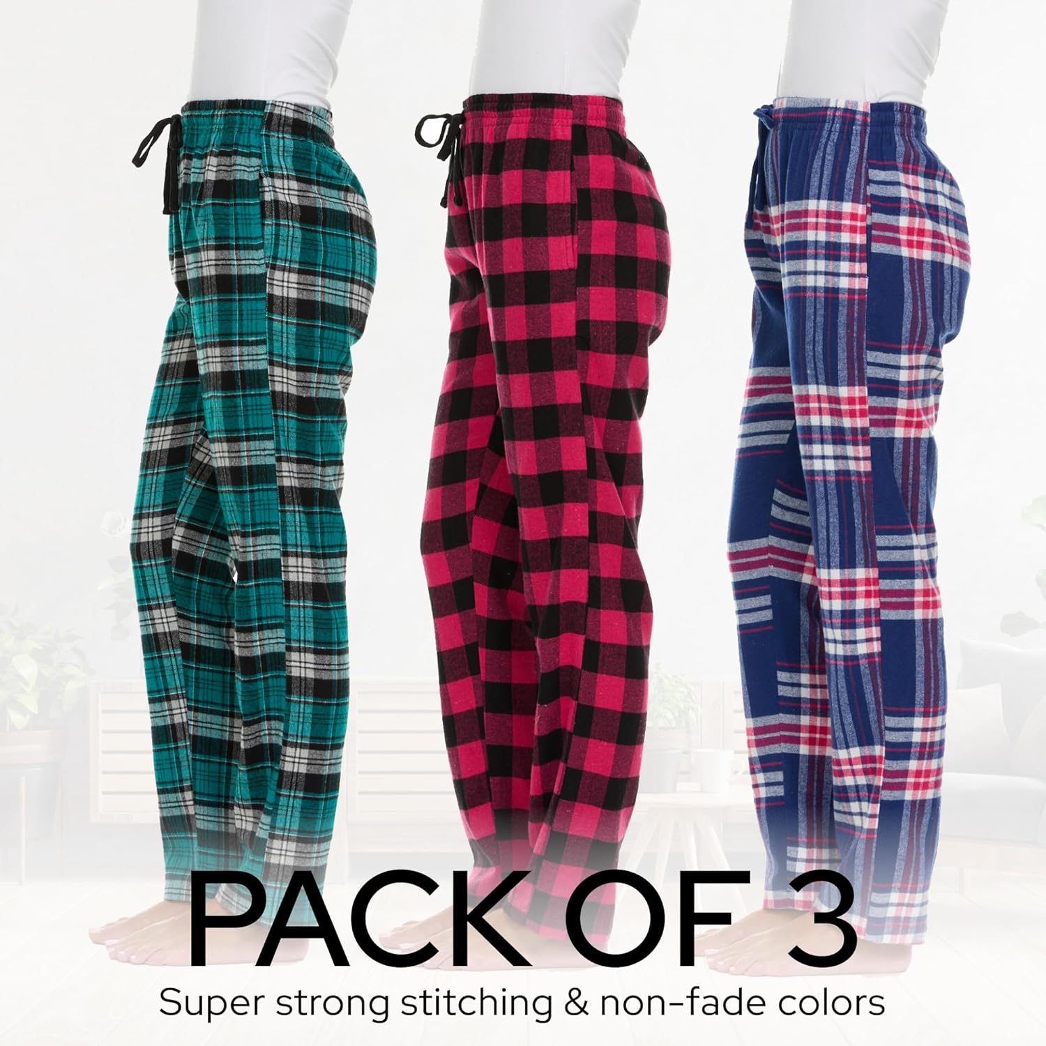 Pajama Bottoms for Women - 3 Pack Cotton Blend Flannel Plaid Lounge Pants, Comfortable PJ Pants - Image 5