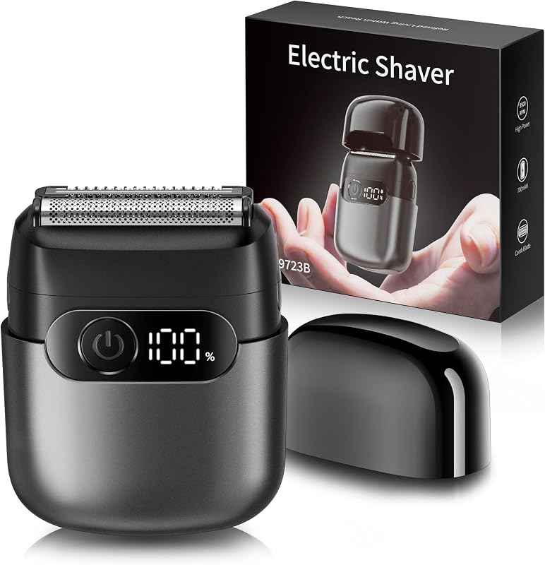 Maquinilla de afeitar eléctrica para hombres, afeitadora de láminas y recortadora de barba | Para ropa seca y húmeda, pantalla LED de batería, carga rápida USB-C, afeitadora de viaje portátil resistente al agua IPX7 (negro carbón)