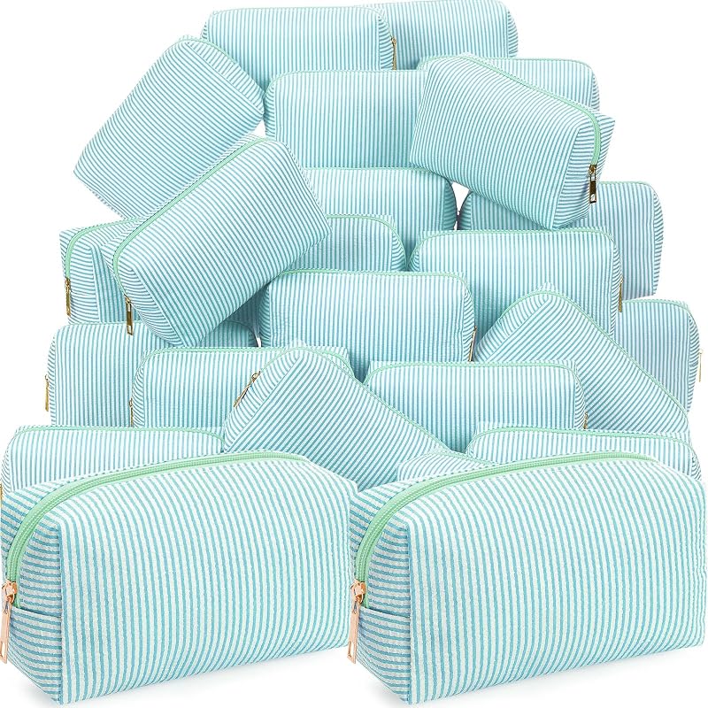 Necessaires de maquiagem Sanwuta em tecido seersucker listrado azul-lago com zíper, pacote com 24