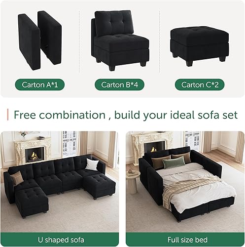Miniatura 4 de HONBAY Sofá modular modular con almacenamiento de terciopelo en forma de U con tumbonas reversibles, sofá seccional con otomanas, color negro