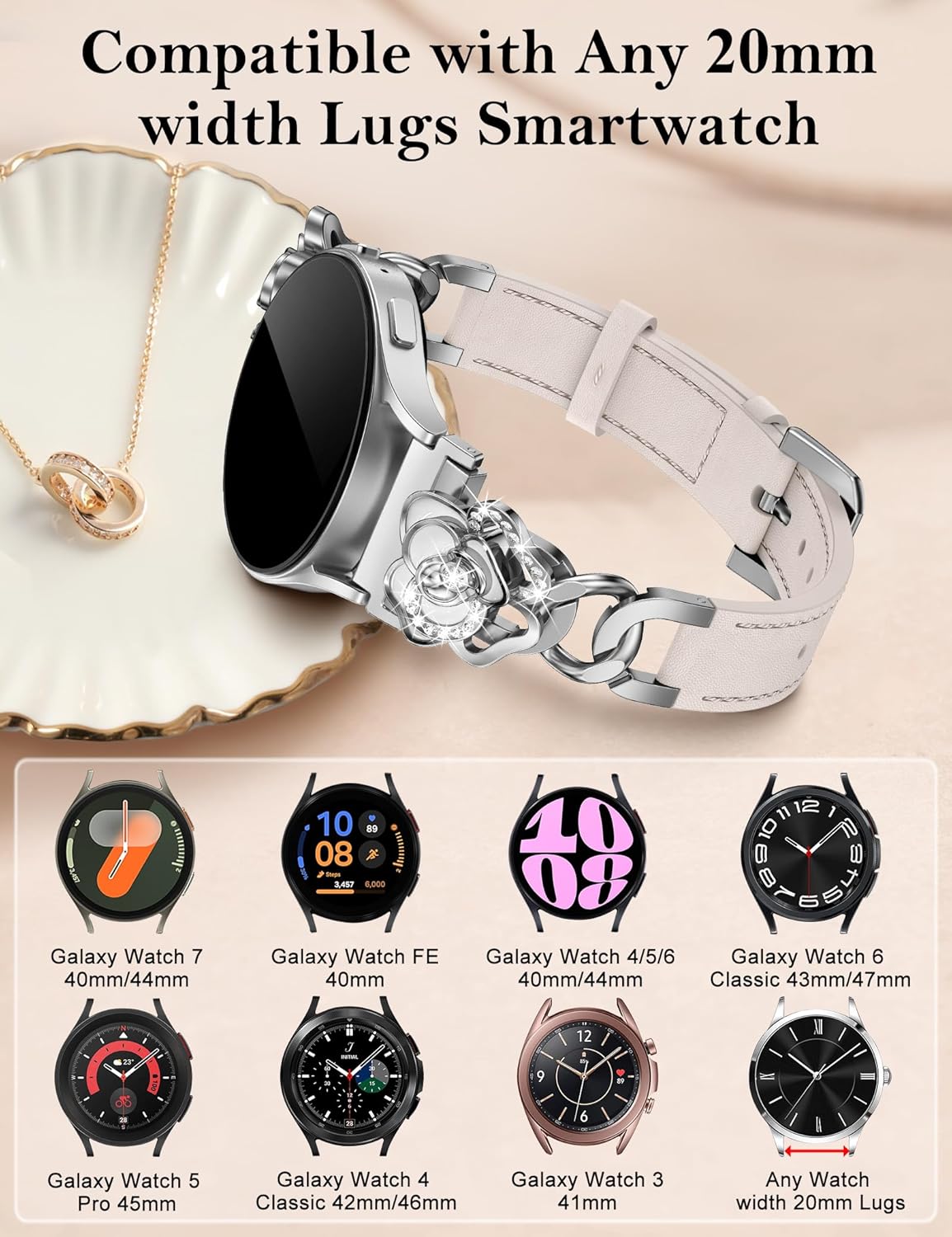Minyee Leather Band Compatible with Samsung Galaxy Watch 7/6/5/4/FE/Active 2 40mm 44mm/Watch 6 Classic 43mm 47mm/5 Pro 45mm Women, 20mm Dressy Slim Elegant Metal Chain Strap with Bling Camellia Charms