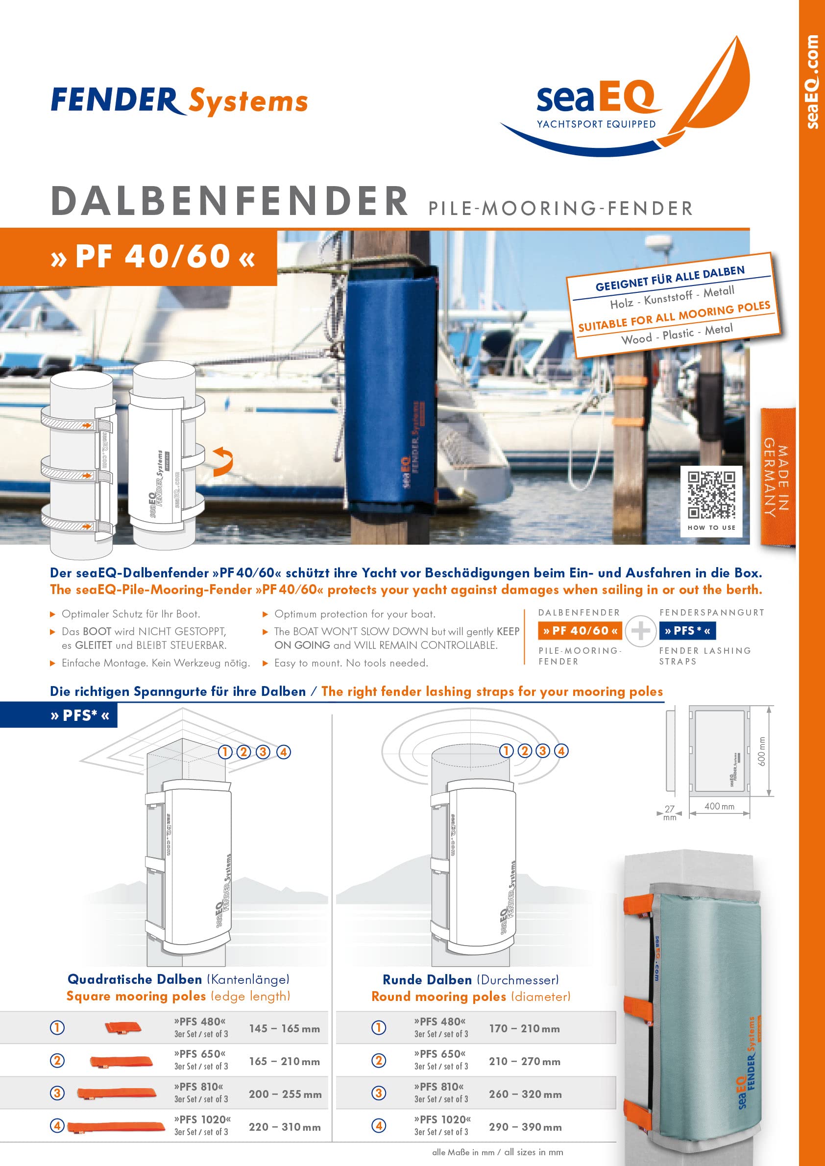 Pfahlfender 40/60 "kurz, breit L, mit Spanngurtsystem PFS 810 für Dicke Pfähle, Dalbenfender, Hafenfender PF 40/60 schwarz