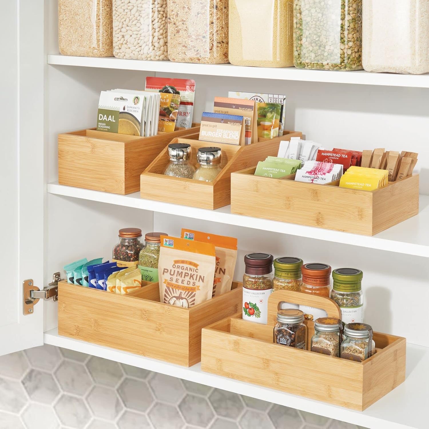 mDesign Bamboo Wood Food Storage Bin with Divided 3 Compartments and Sloped Front for Kitchen Cabinet, Pantry, Shelf to Organize Seasoning Packets, Powder Mixes, Spices, Snacks - Natural