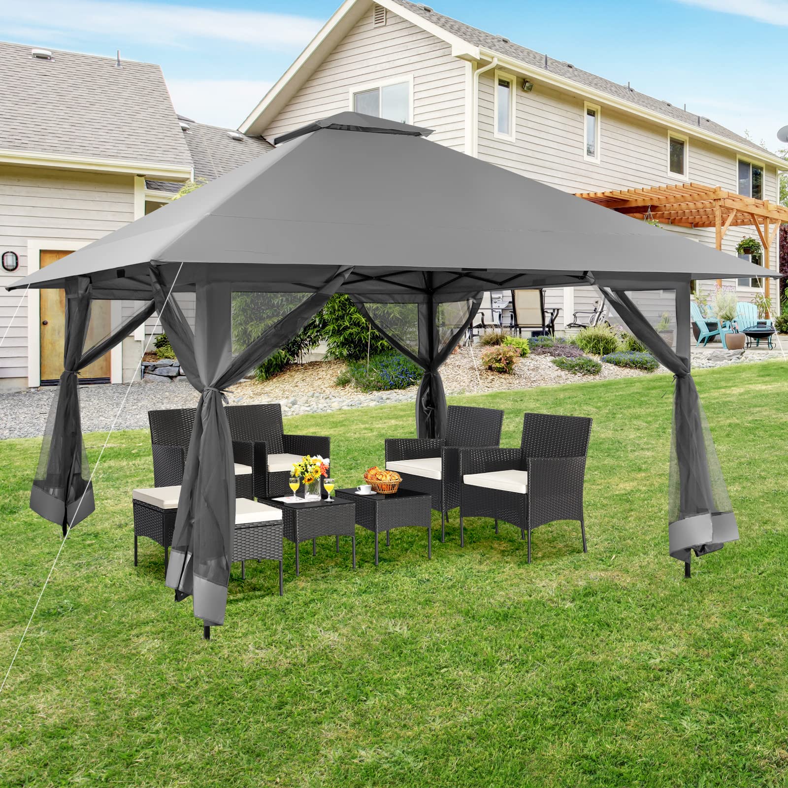 HOMASIS Gazebo Pieghevole da Giardino, Gazebo 4x4 M con Altezza Regolabile e Pareti Laterali Removibili, Gazebo Pop-Up con Zanzariera e Borsa per il Trasporto, per Patio, Spiaggia (Grigio)