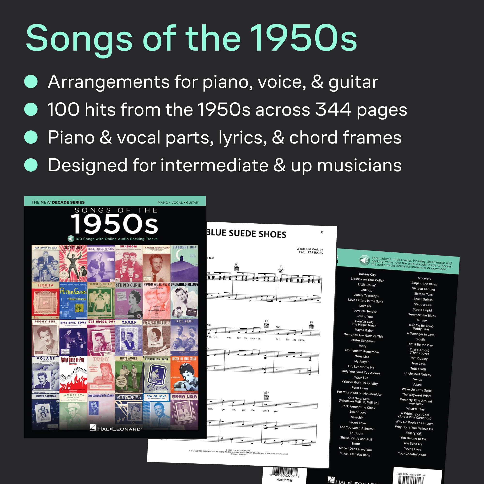 Songs of the 1950s piano, voix, guitare+enregistrements online: 100 Songs With Online Audio Backing Tracks, Piano, Vocal, Guitar (Decade Series)