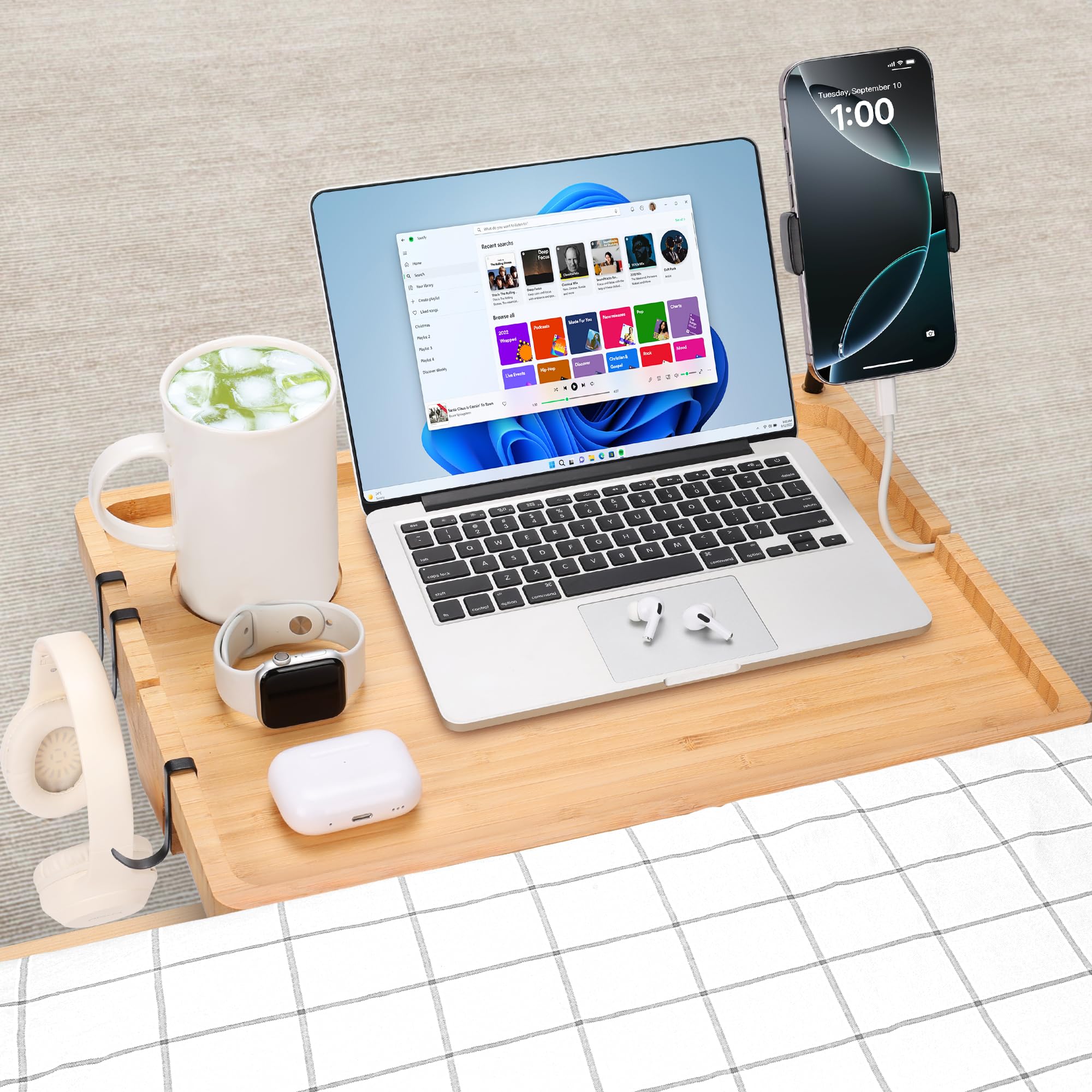 Bedside Shelf for Dorm Bed & Top Bunk, Bamboo Bed Side Table Tray with Cup Phone Holder & Hooks, Clip on Nightstand Bedside Storage College Dorm Room Essentials (Bamboo)