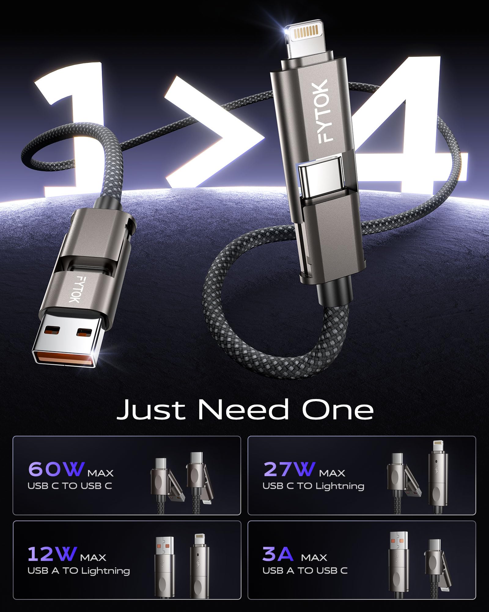 Cavo USB C per ricarica rapida, 60 W, cavo di ricarica per iPhone 3,5 m, certificato Apple MFi, cavo di ricarica 4 in 1 da USB a USBC a Lightning, con tipo C/USB A, per iPhone 17/16/15/14/13/12/iPad