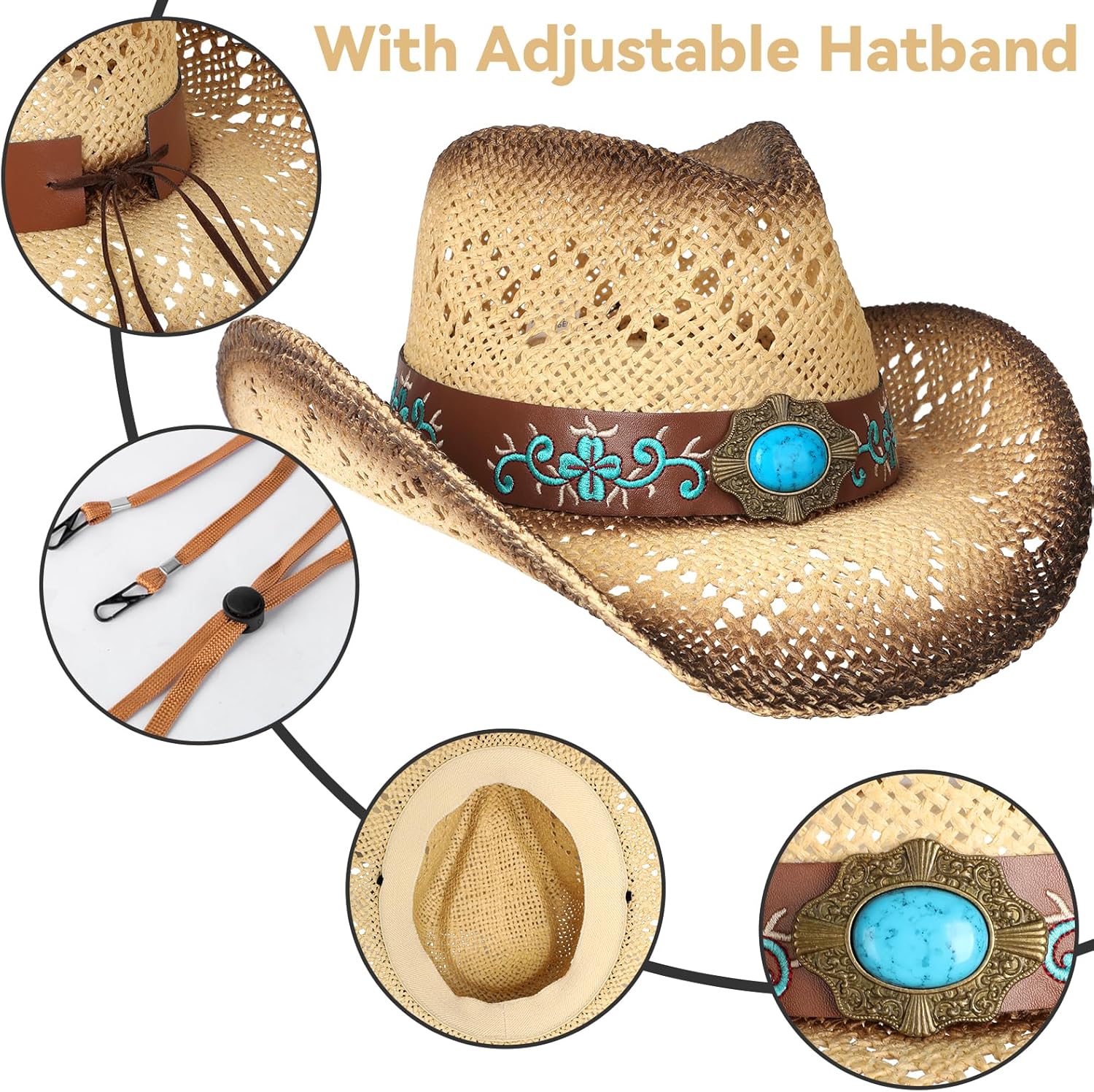 Cowboy Hat,Cowgirl Hat,Cowboy Hats for Women/Mens/Straw Wide with Shapeable Brim Western Cowboy Hat for Womens - Image 3