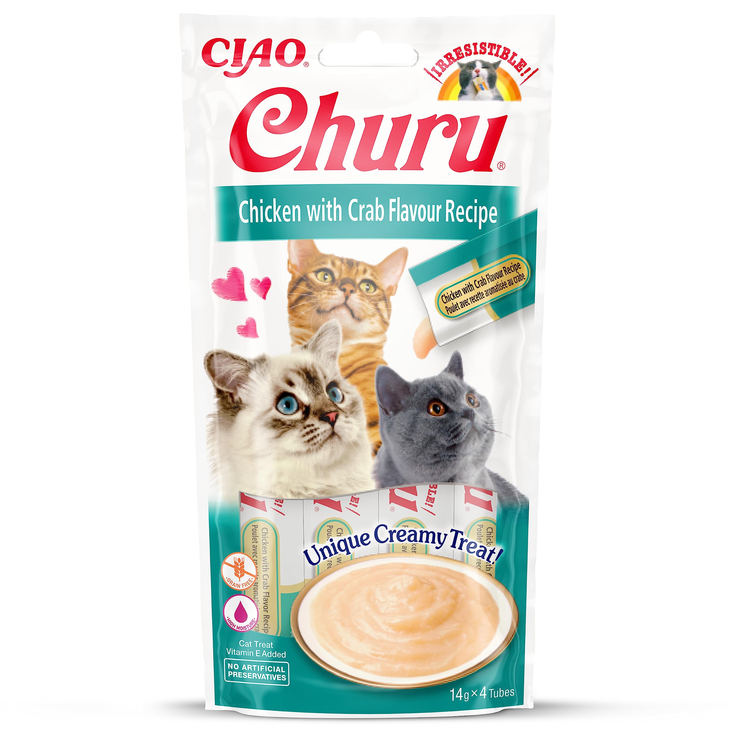 INABA Churu - Friandises pour Chats en Purée au Poulet et Crabe - Délicieux Snacks pour Félins - Texture Lisse et Onctueuse - Nourriture pour Chats - 4 Tubes x 14g