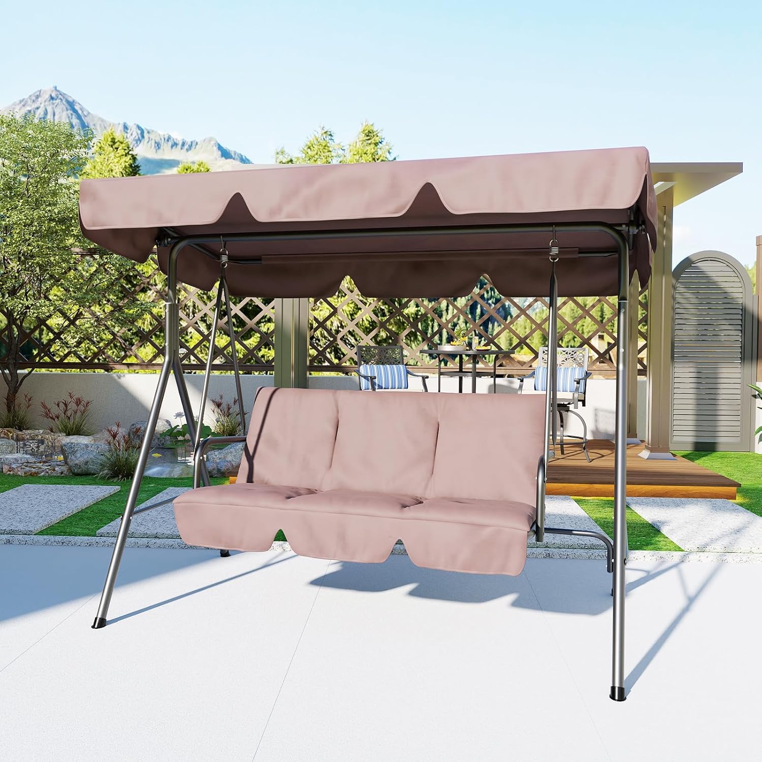 GarveeLife 3-Seat Patio Swing Chair, Porch Swing Chair with Removable Cushion, Powder-Coated Steel Frame, Patio Swings with Canopy for Outdoor, Deck, Lawn, Backyard,Brown