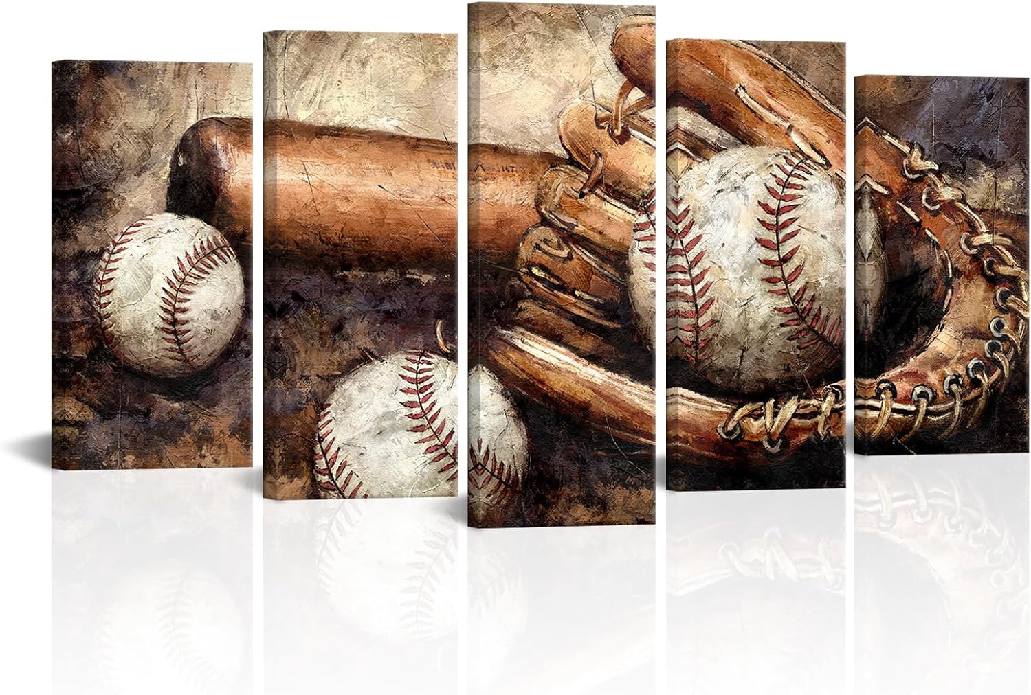 iHAPPYWALL Large 5 Pieces Baseball Sports Canvas Wall Art Vintage Baseball Glove Painting Picture for Teen Boys Bedroom Office Wall Decor Ready to Hang (Brown)