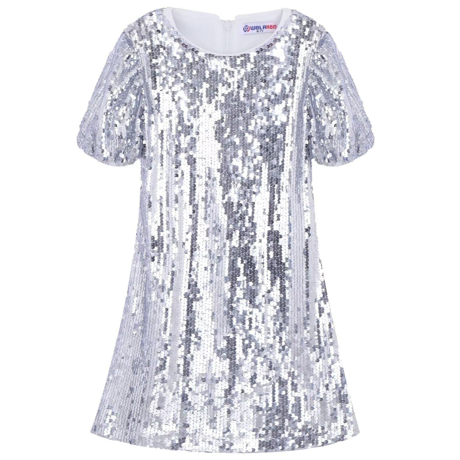 WELAKEN Girls Sparkly Sequin Dress Puff Sleeve for Kids Party Birthday