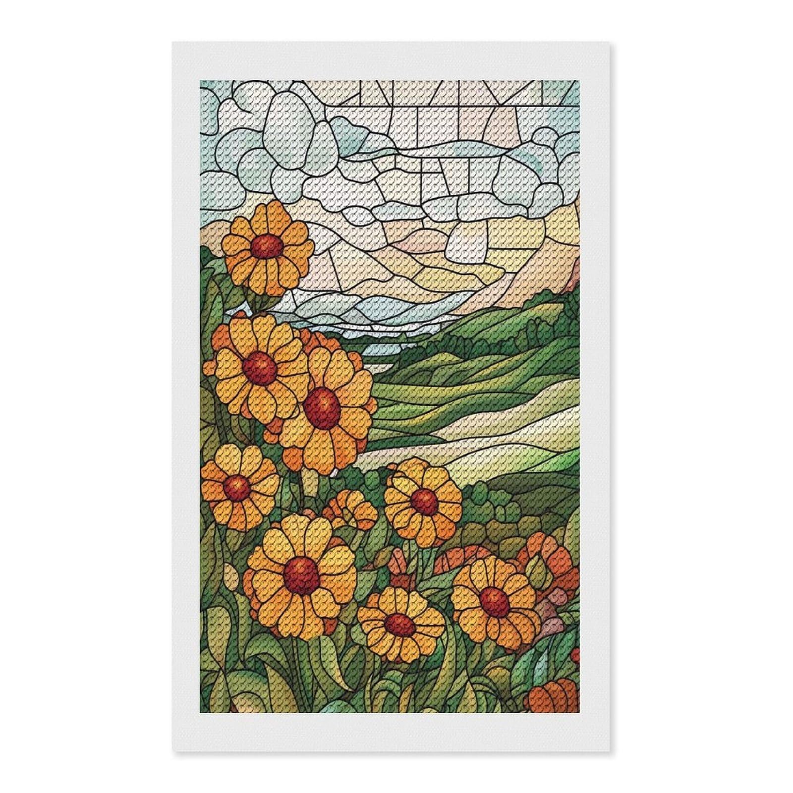 Junmoney Stained Glass Flowers & Landscape Diamond Art Kit 12"x20", Vintage Style Decor, Stress Relief Craft, Decor Project, Relaxing DIY, Creative Hobby