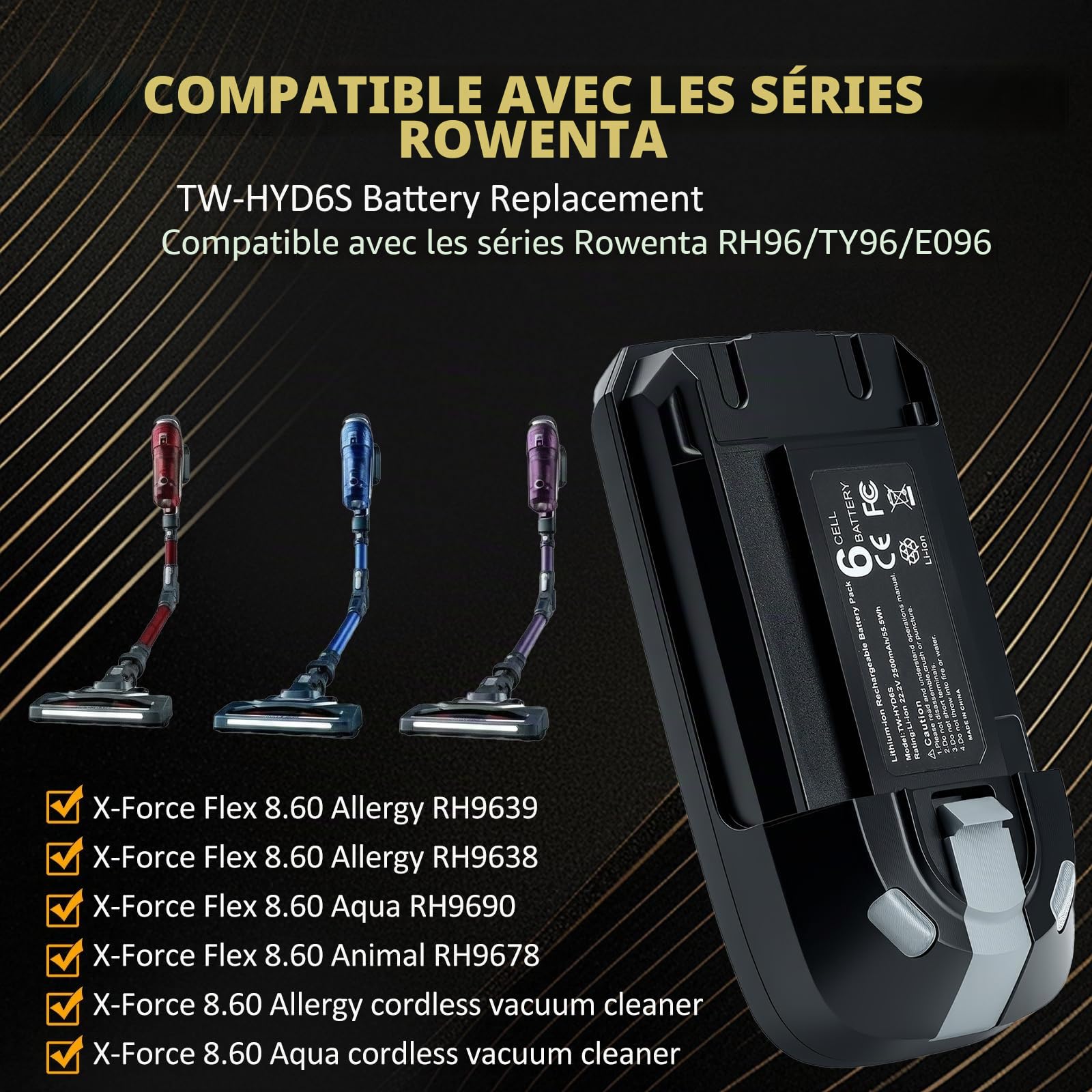 Batterie de rechange lithium-ion 22,2 V pour Rowenta X-Force Flex série 8.60, compatible avec les séries RH9638, RH9639, RH9678, RH9690 & TY96 EO96, remplace la batterie ZR009700, puissante et durable