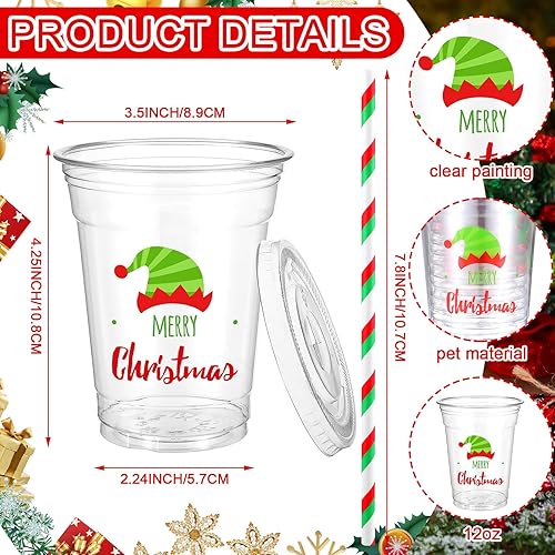 Miniatura 2 de Bokon Juego de 100 tazas de 12 onzas de elfo de Navidad con tema de payaso, vasos desechables con tapas y pajitas de papel, suministros de fiesta de