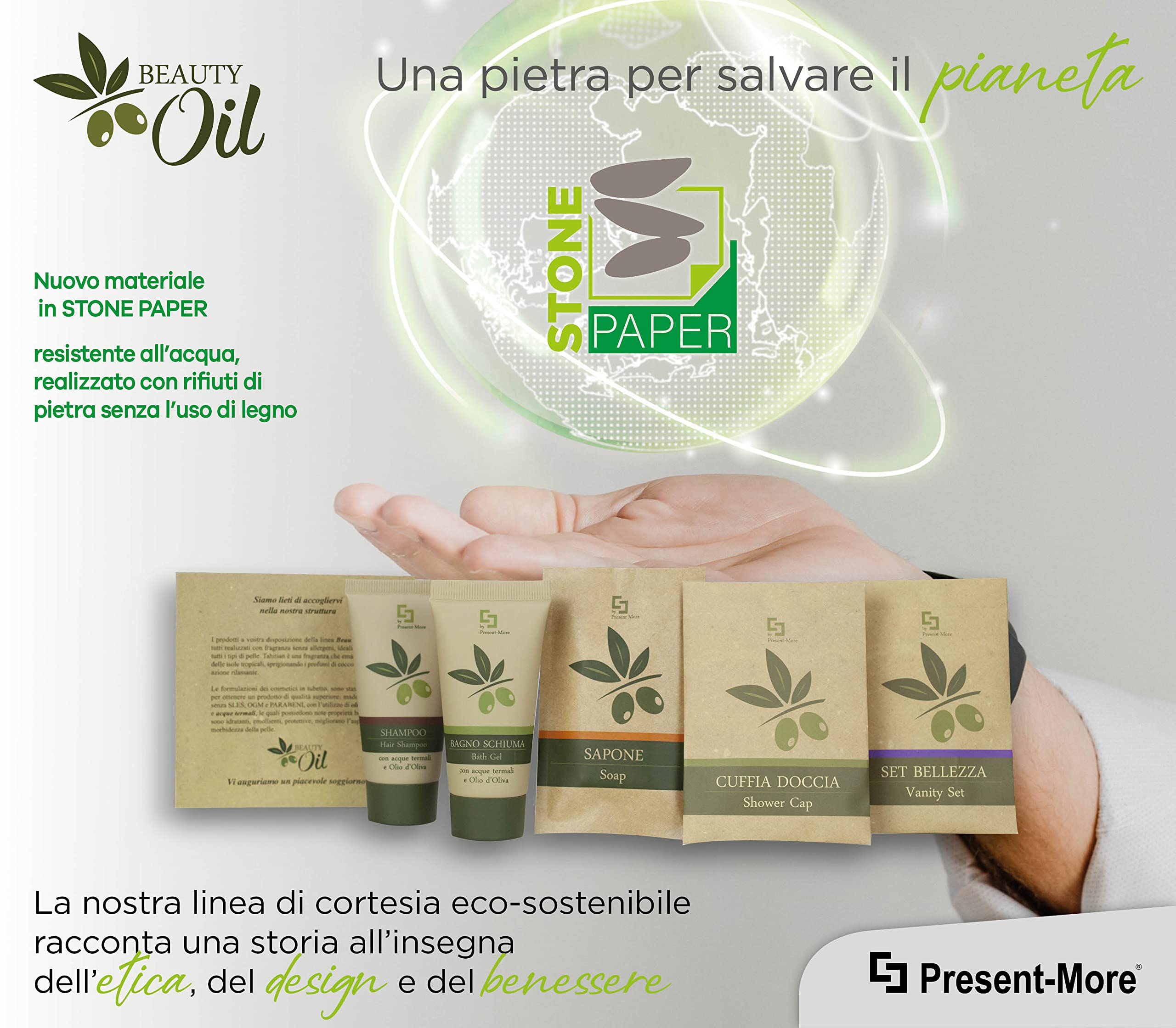 PRESENT-MORE - Set Cortesia 35 Ospiti Beauty Oil - Fragranza Tahitian - Contiene: Shampoo, Gel Doccia, Sapone, Cuffia e Vanity - Made in Italy - Per Hotel e B&B