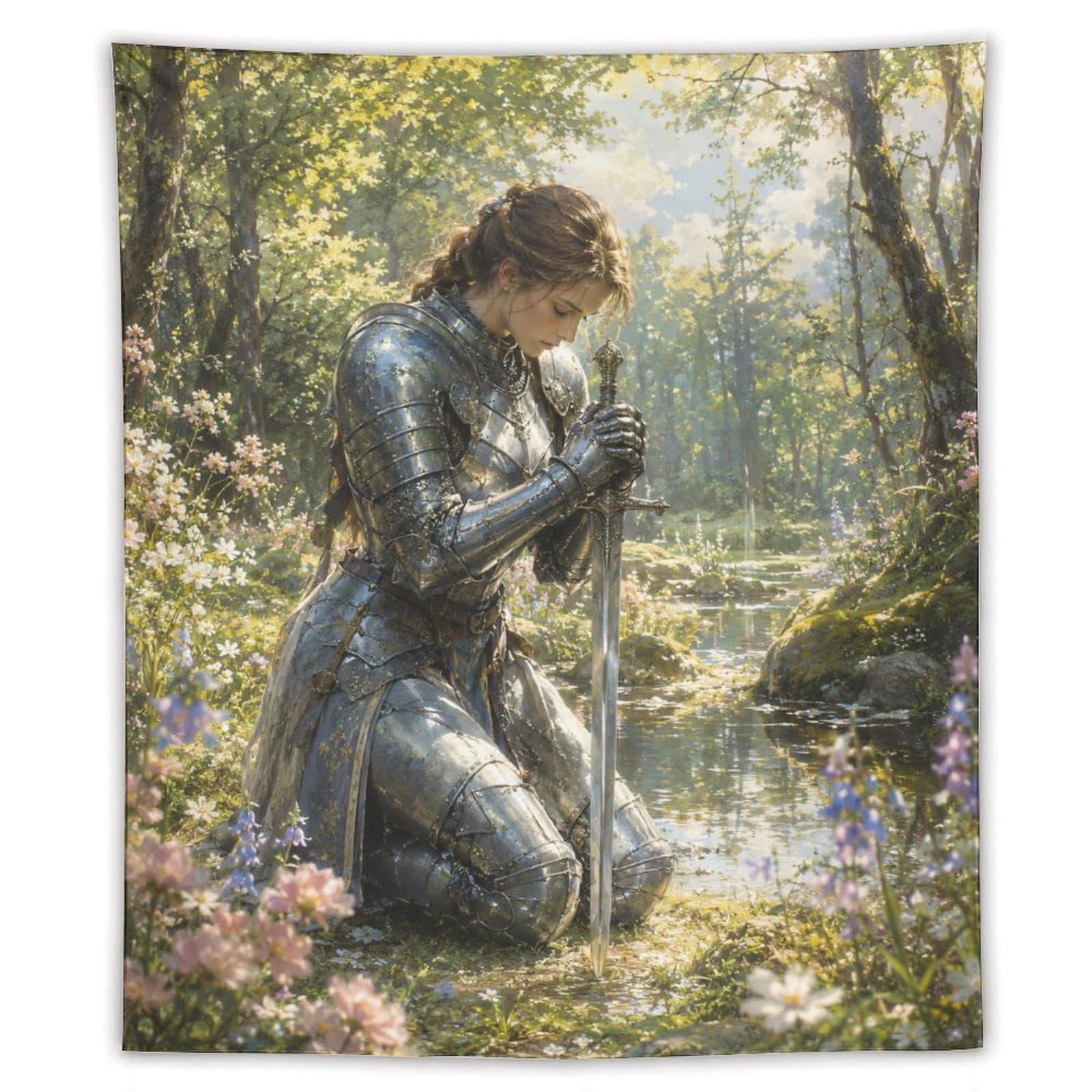 W7C8U2X3 Medieval Female Knight Floral Wall Tapestry, Heroic Sword