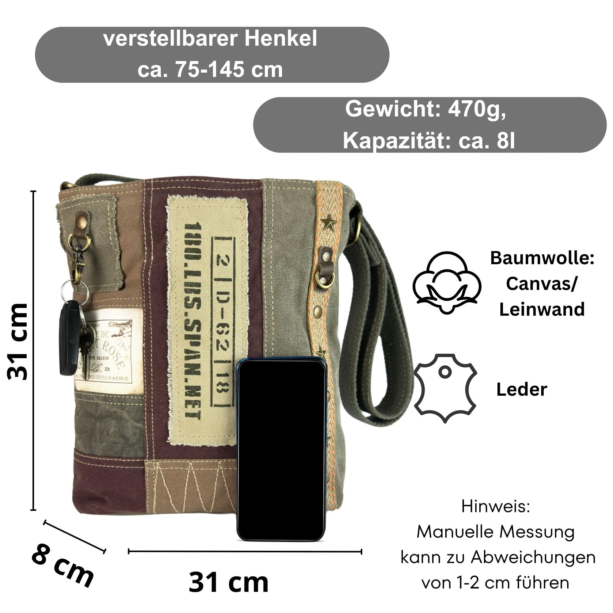 Sunsa Umhängetasche. Große Damen Tasche aus Canvas & Leder, braun khaki