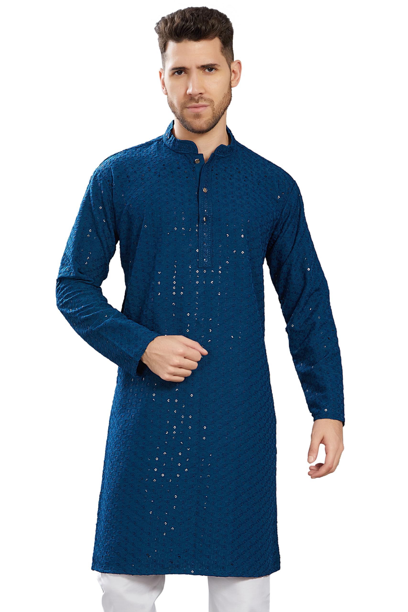 Divisive Men's Sequince Embroidered Cotton Blend Only Slim Fit Kurta (Dkrt577_Xl_Turquoise)