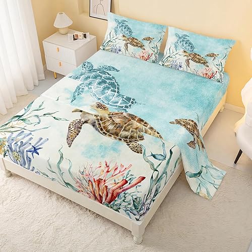 Miniatura 1 de CVHouse Juego de sábanas de tortuga marina tamaño matrimonial, juegos de ropa de cama de tortuga marina en acuarela para niños y adolescentes,