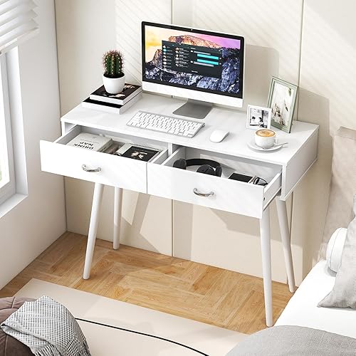 Miniatura 5 de Tangkula Escritorio de mediados de siglo con 2 cajones, moderno escritorio de estudio con patas de madera de goma maciza, escritorio para