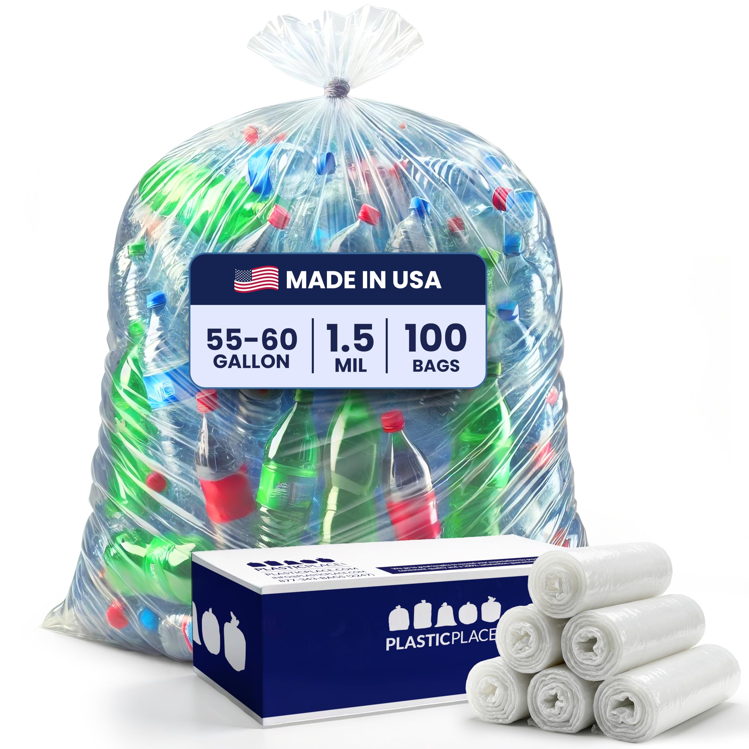 Plasticplace 55-60 galon Çöp Torbası 1,5 Mil - Şeffaf Ağır Hizmet Çöp Kutusu Astarları - Rulolar - 96,5 cm x 147,3 cm (100 Adet)