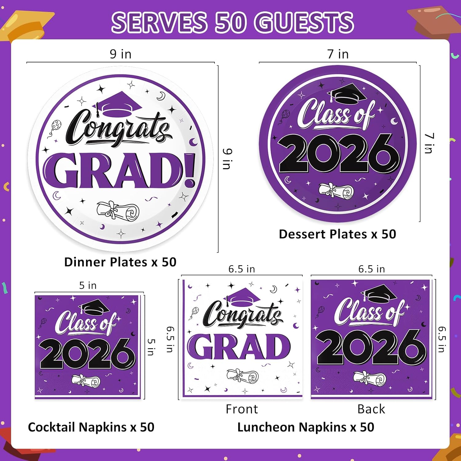Graduation Decorations 2026, 200 Pcs Class of 2026 Graduation Party Supplies Kit with Paper Plates, Luncheon and Cocktail Napkins, Congrats Grad Decorations for 50 Guests (Purple)