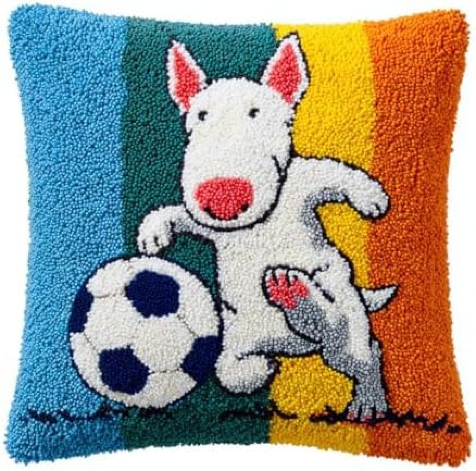 kitphoenix Adults DIY Cushion Cover Craft Kit,Bull Terrier Dog Play Soccer Ball,Relaxing Latch Hook Hobby Set with Printed Canvas and Yarn,Gift Idea for Women
