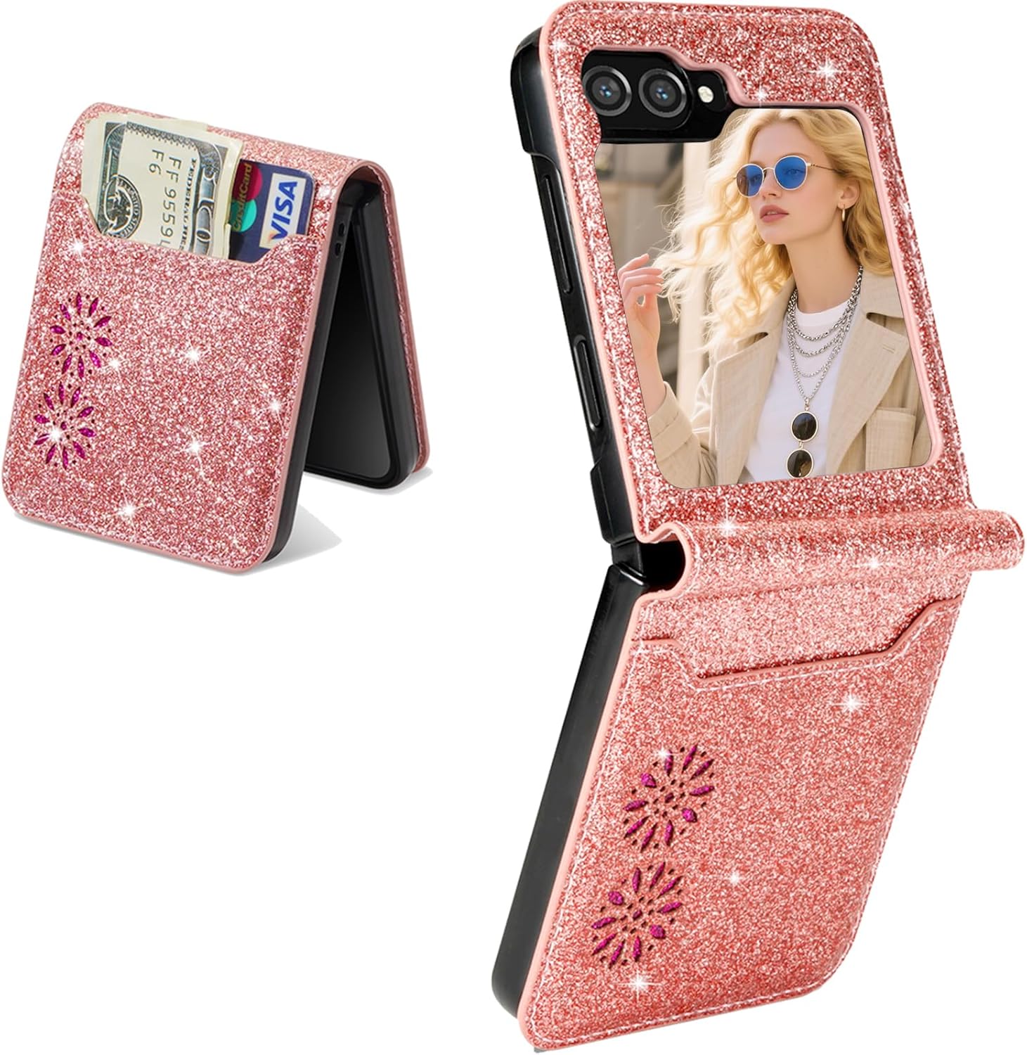 for Galaxy Z Flip 6 & Z Flip 5 Case, Bling Leather Shockproof Wallet Phone Case with Card Slot Holder Girls Women Protective Cover for Samsung Galaxy Z Flip6 & Z Flip5 (Rose Gold) Samsung Z Flip6 & Z Flip5 Rose Gold