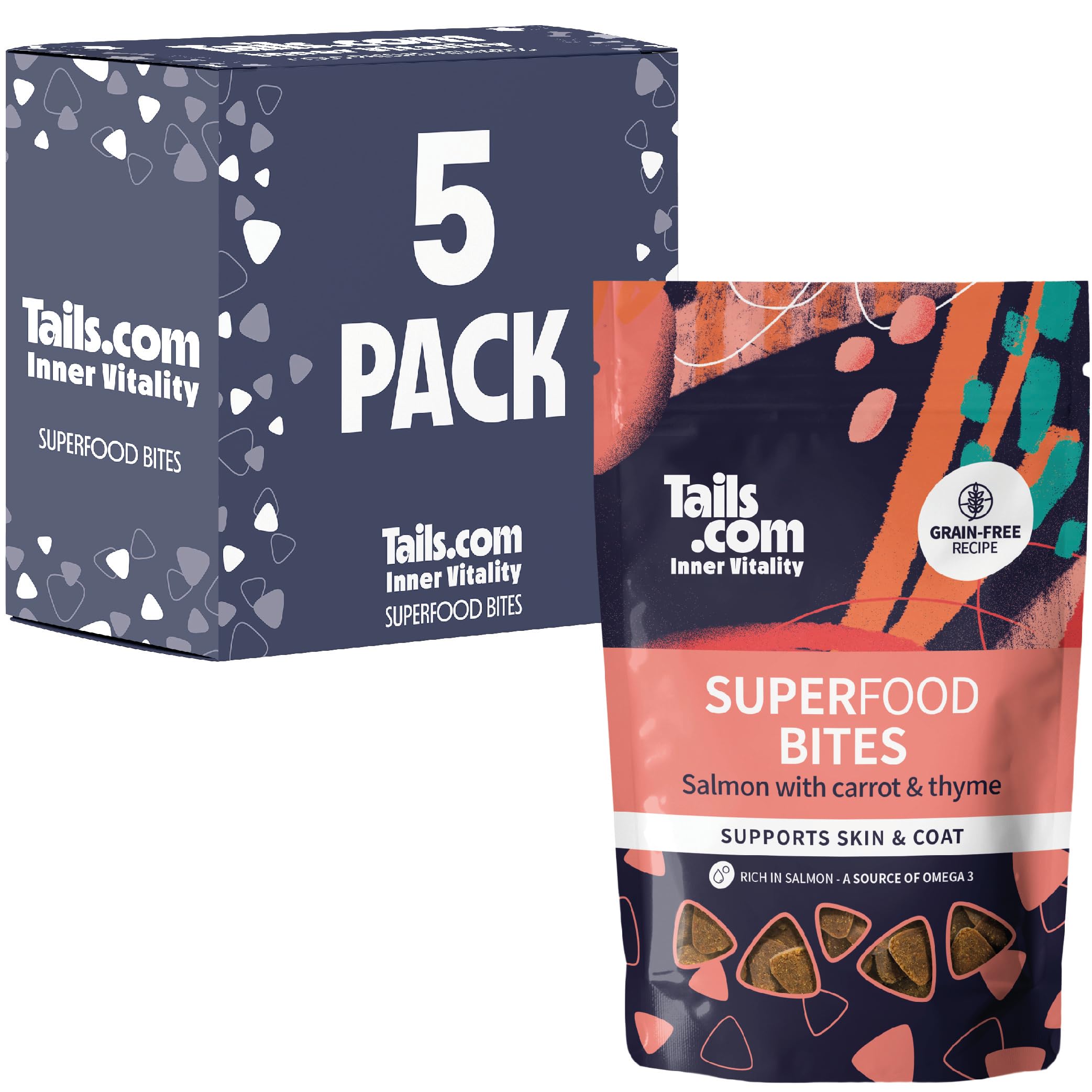 Tails.com • Dog Treats 5 x 80g • Superfood Bites 27% Salmon • Grain Free Recipe • No Artificial Colours or Flavours • Low Calorie Snacks • Rich in Salmon, a Source of Omega 3