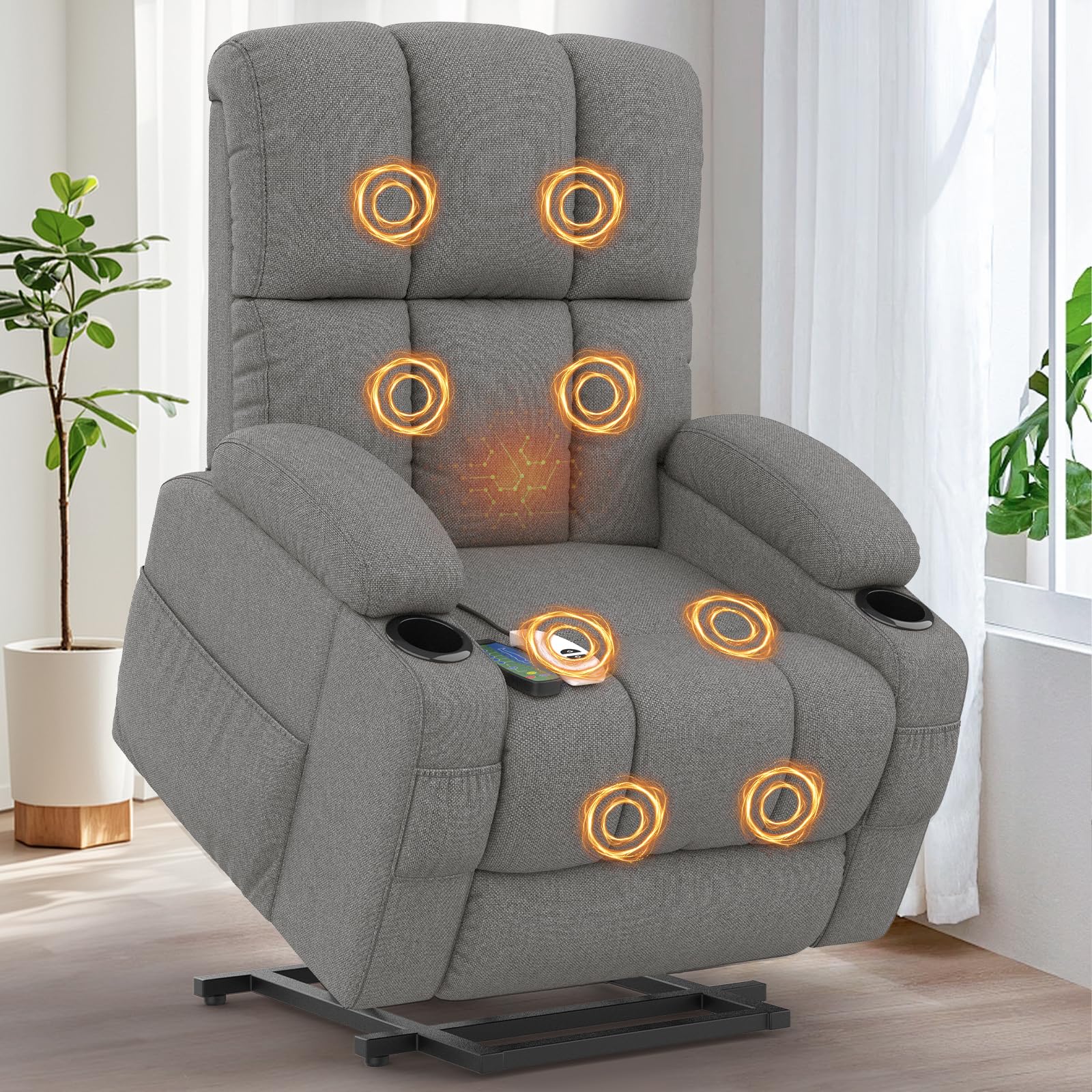 Sillón de relax de masaje, eléctrico, ajustable, con función reclinable, función de masaje, función de calor, tipo C y puertos USB, 4 bolsillos laterales, 2 soportes para bebidas, sillón de