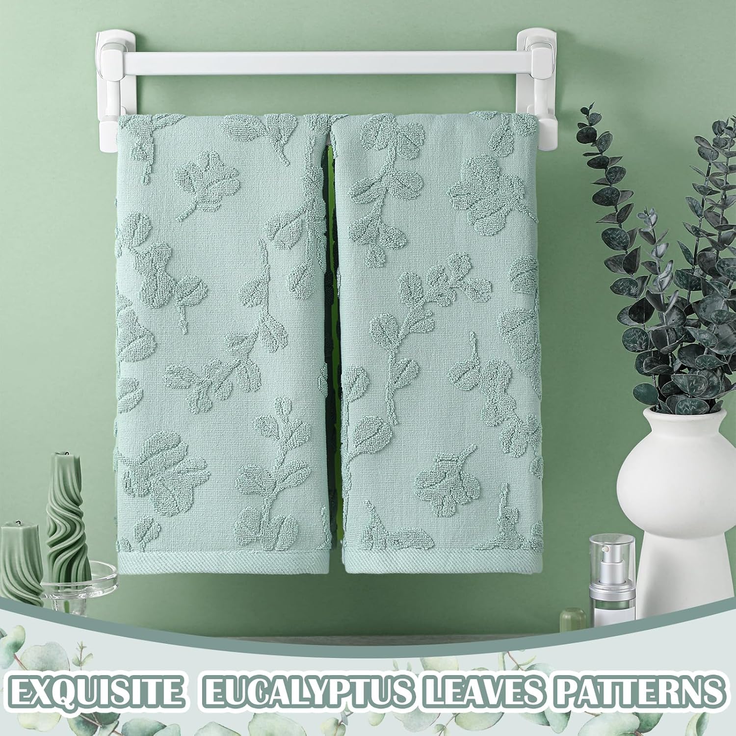 2Pcs Eucalyptus Leaves Hand Towels for Bathroom 100% Cotton Jacquard Weave Bath Towel Set Absorbent Dish Washcloth for Bathroom Kitchen Summer Theme Gifts 13.8 x 29.5 Inch (Sage Green) - Image 3