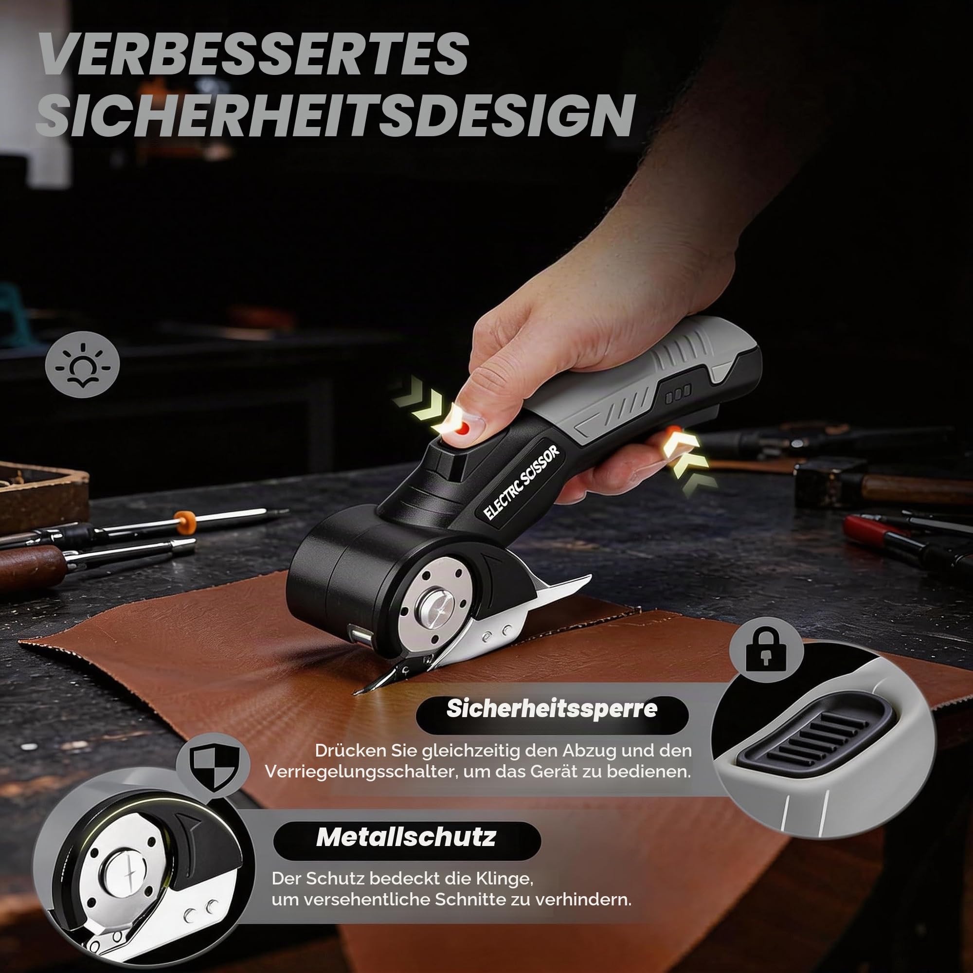 Kartonschneider Elektrische Schere Stoffschneider, Kabelloser Rollschneider Stoff Pappe Elektroschere mit Sicherheitsschloss & LED-Licht für Schneiden von Pappe Teppich Leder Filz Stoffen - 2000mAh