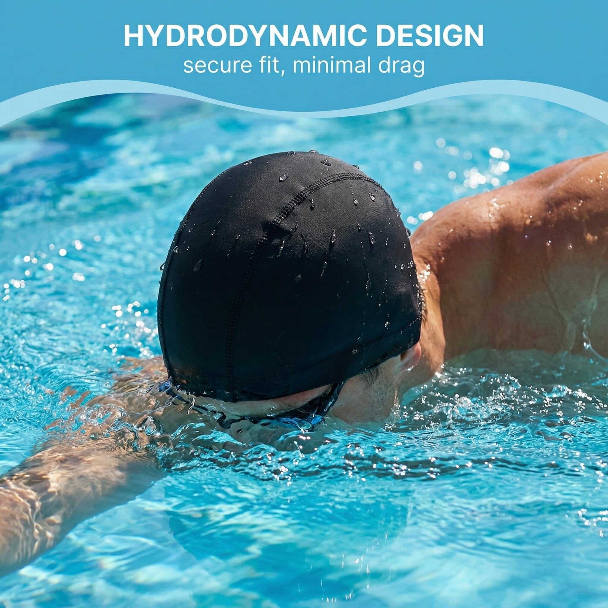 Gorro de Natación de Tela – Cómodo, Duradero y Extraordinariamente Elástico, Ideal para Hombres y Mujeres (Azul + Negro)